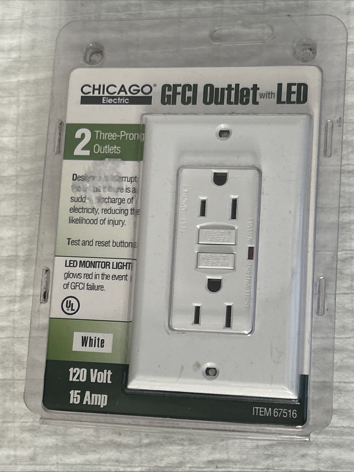 NEW Chicago 15 Amp GFCI Outlet with LED White 120 Volt 2 three prong outlet NIB