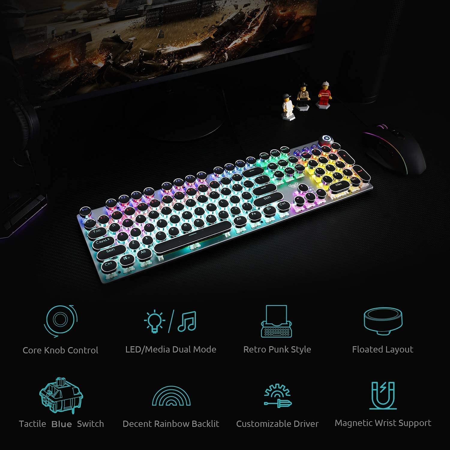 Aula F2088 Typewriter Style Mechanical Gaming Keyboard Blue Switchesrainbow Led