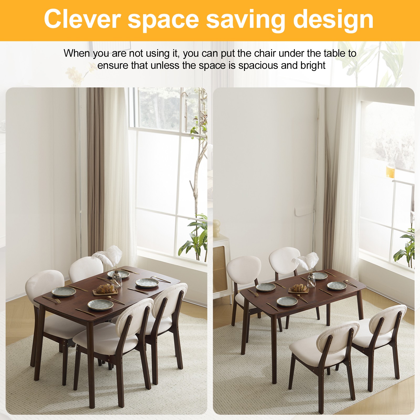 5pc Solid Wood Dining Set Deep Walnut Table & 4 Beige Padded Chairs Space-Saving