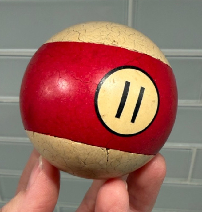 Vintage Clay Billiard Pool Ball Brunswick Aged Patina RED STRIPED #11 Ball