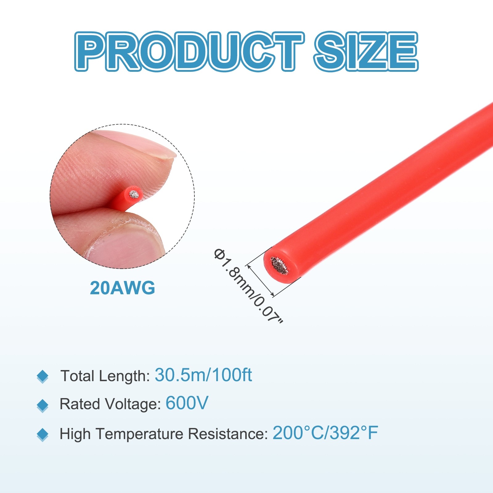 20 AWG Flexible Silicone Wire 30.5m/100ft, Tinned Copper Electrical Wire, Red