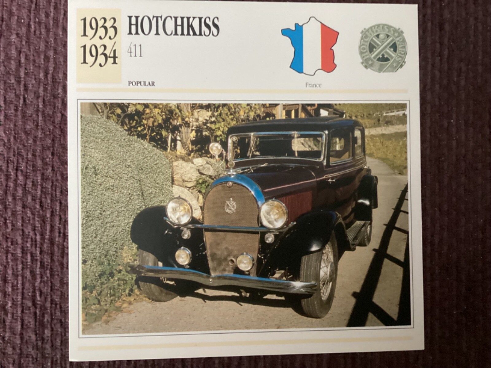 Hotchkiss 411,  1933-34,    Popular Class Car, France, Collectors Card