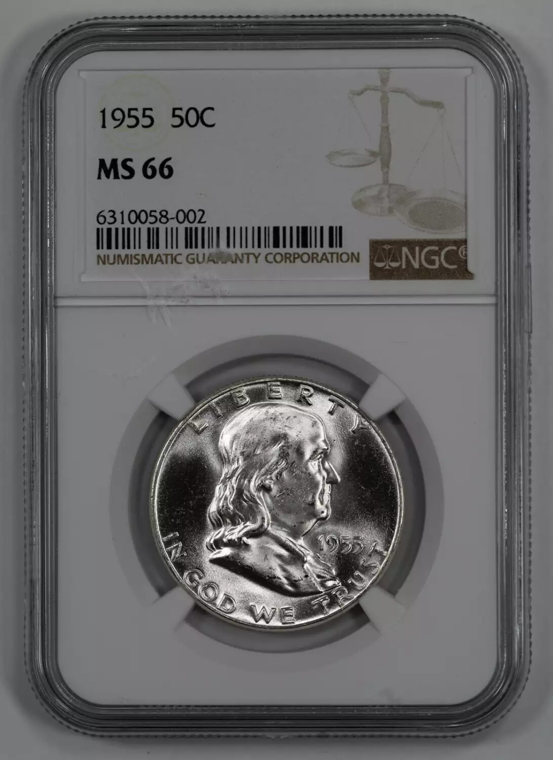 1955 FRANKLIN HALF DOLLAR 50C NGC CERTIFIED MS 66 MINT UNC - WHITE! (002)
