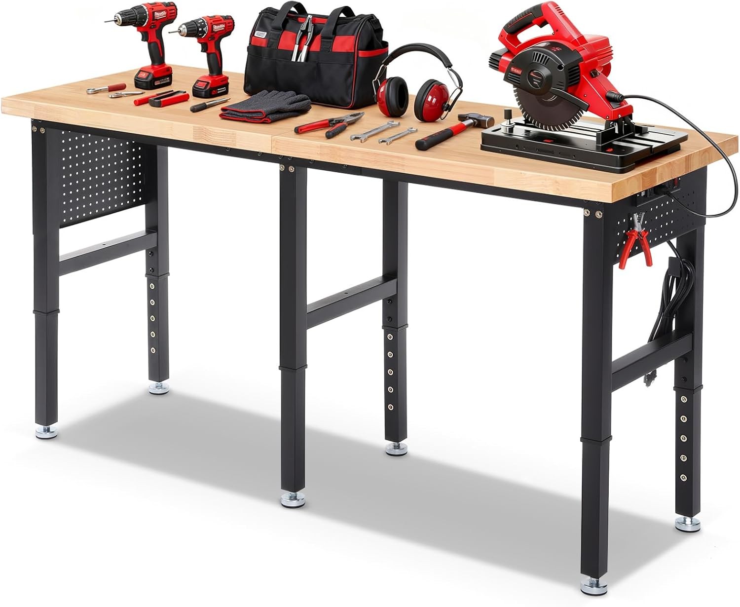 72 x 24 Inch Adjustable Height Work Table with Power Outlets & Extended Pegboard