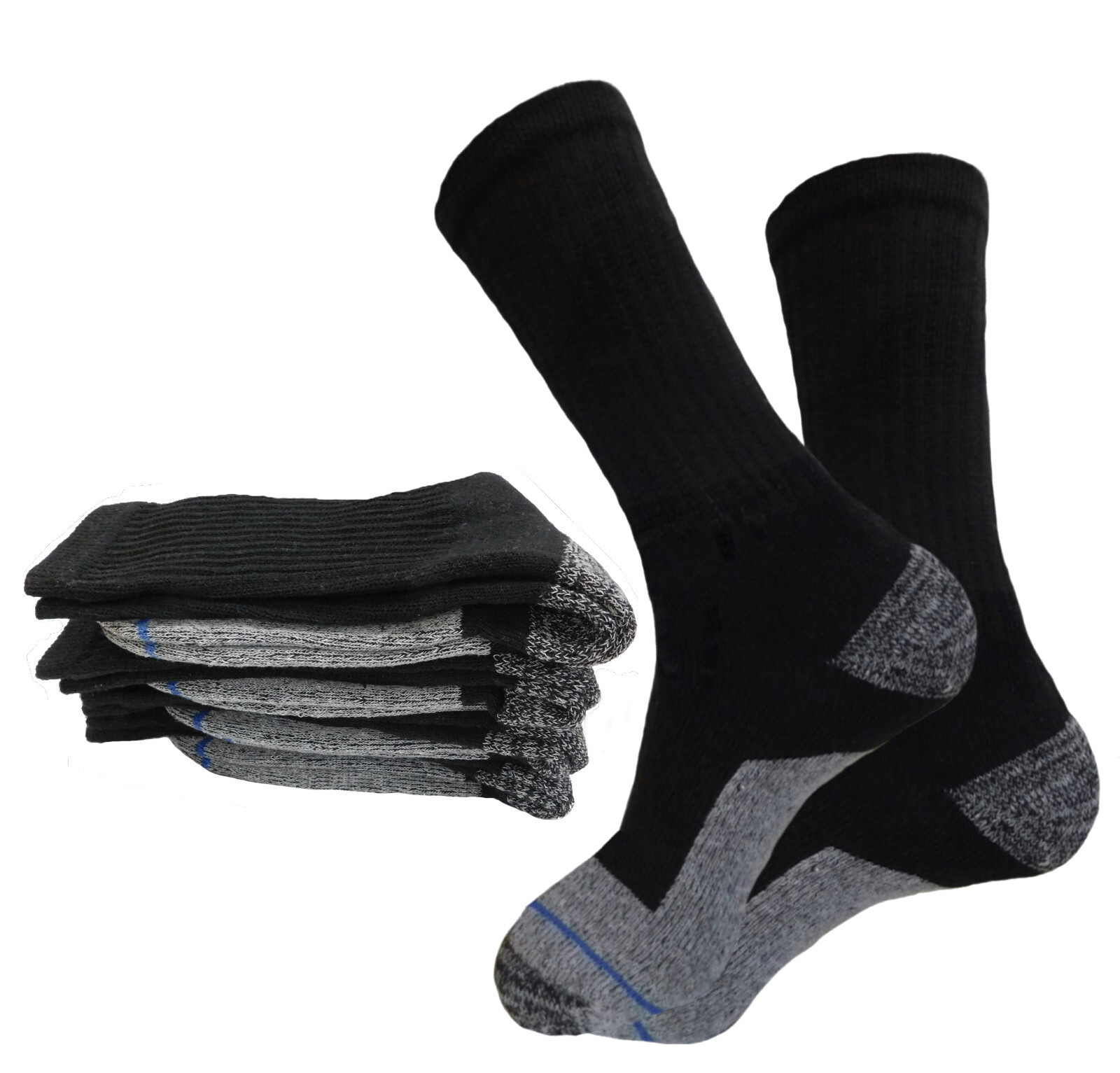 4 Pairs Men's Work Socks BLACK Boot Socks Cushioned 9-11 Reinforced Heel & Toe