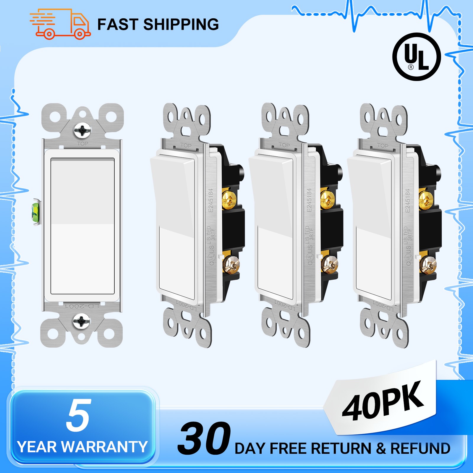 Decorator Wall Light Switch 15A Paddle Rocker Single Pole UL Listed White 40Pack