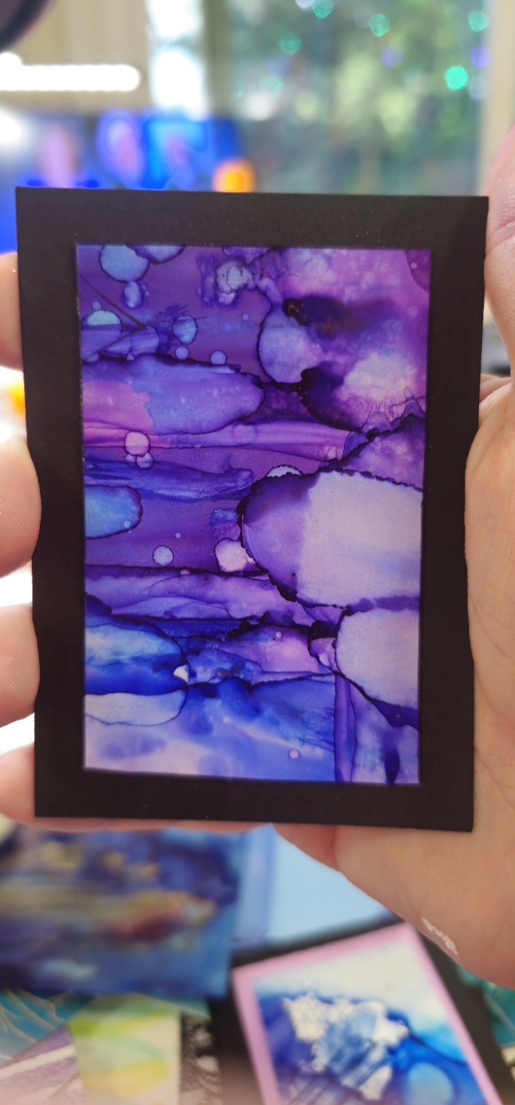 ACEO ATC Alcohol Inks, Purple, Blue, Shimmer, Abstract By Kelly Herbold