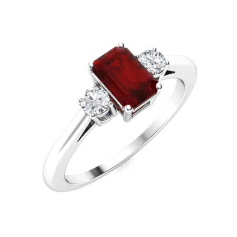 925 Sterling Silver 6x4mm Emerald Cut Red Garnet Three-Stone Ring For Women