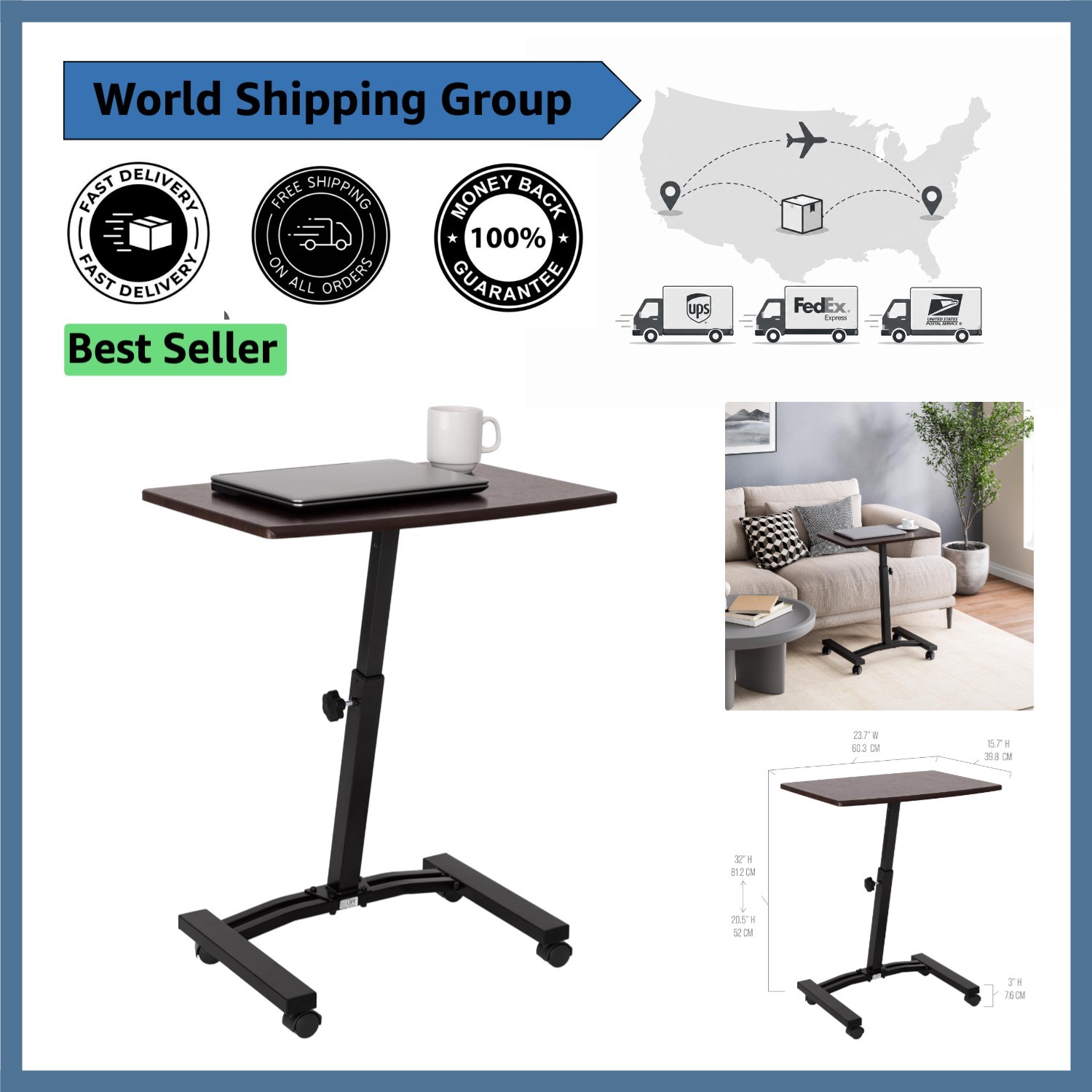 Compact Height-Adjustable Laptop Desk Cart - Stylish Walnut & Wheels Included