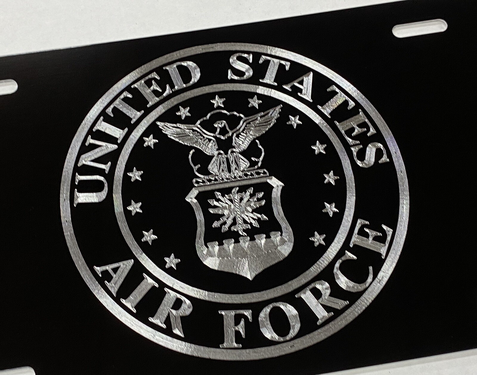 AIR FORCE Seal Logo Car Tag Diamond Etched Black Aluminum Metal License Plate