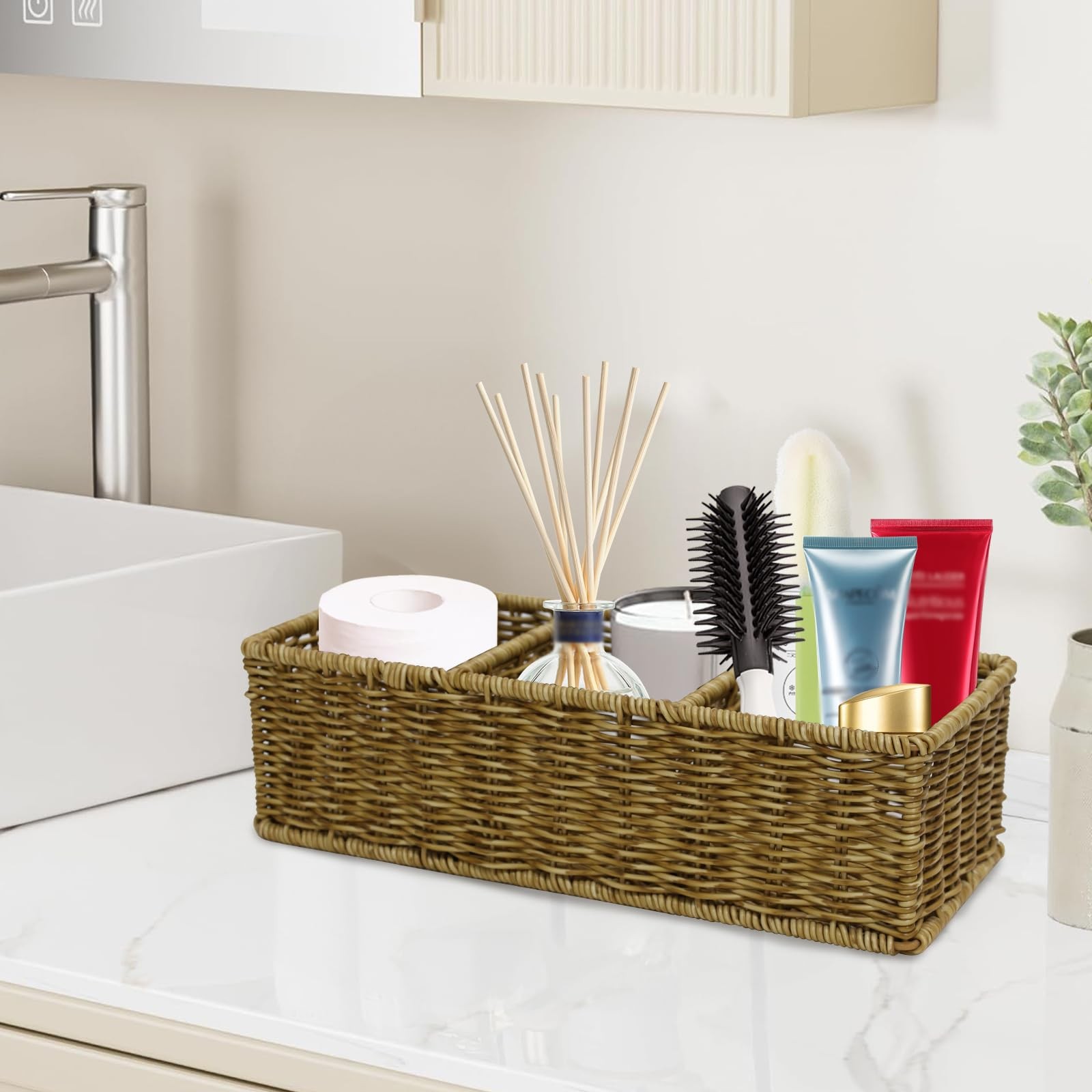 Remote Control Holder TV Storage Basket Handwoven Wicker 3 Compartment Caddy