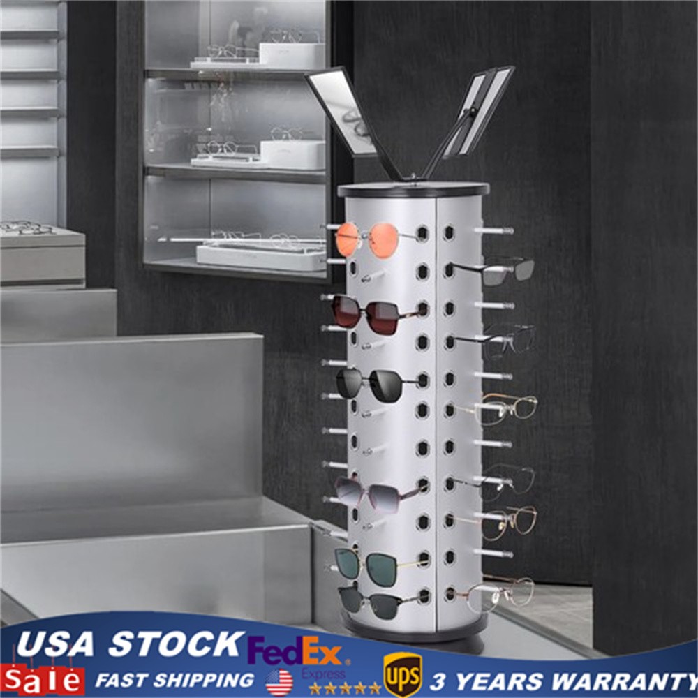 44 Pairs 360 Rotating Sunglass Display Rack, Metal Glasses Stand Holder W/Mirror