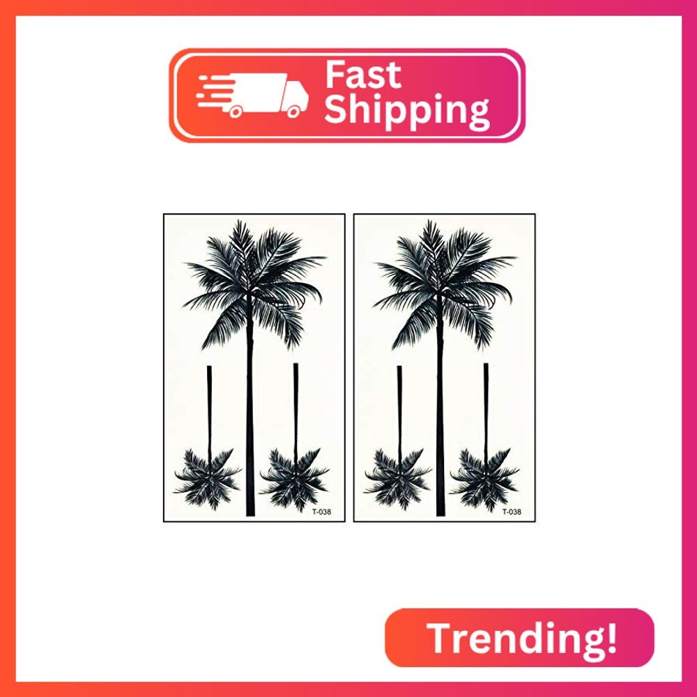 Mini Tattoos 2 Sheets Coconut Palm Beach Tree Cartoon Temporary Tattoo for Men W