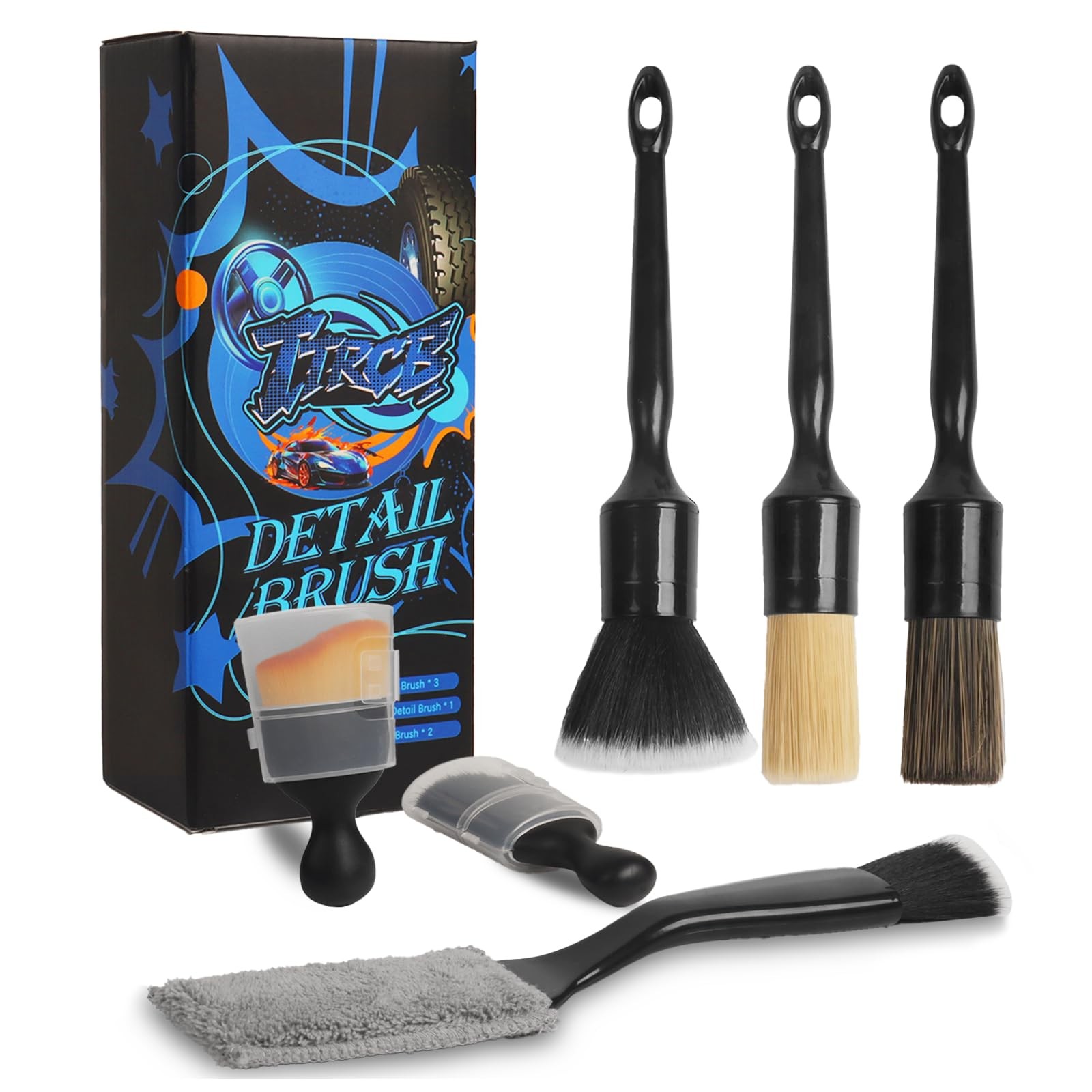 6PCS Car Detailing Brush Set, Boars Hair Brushes, Ultra Black