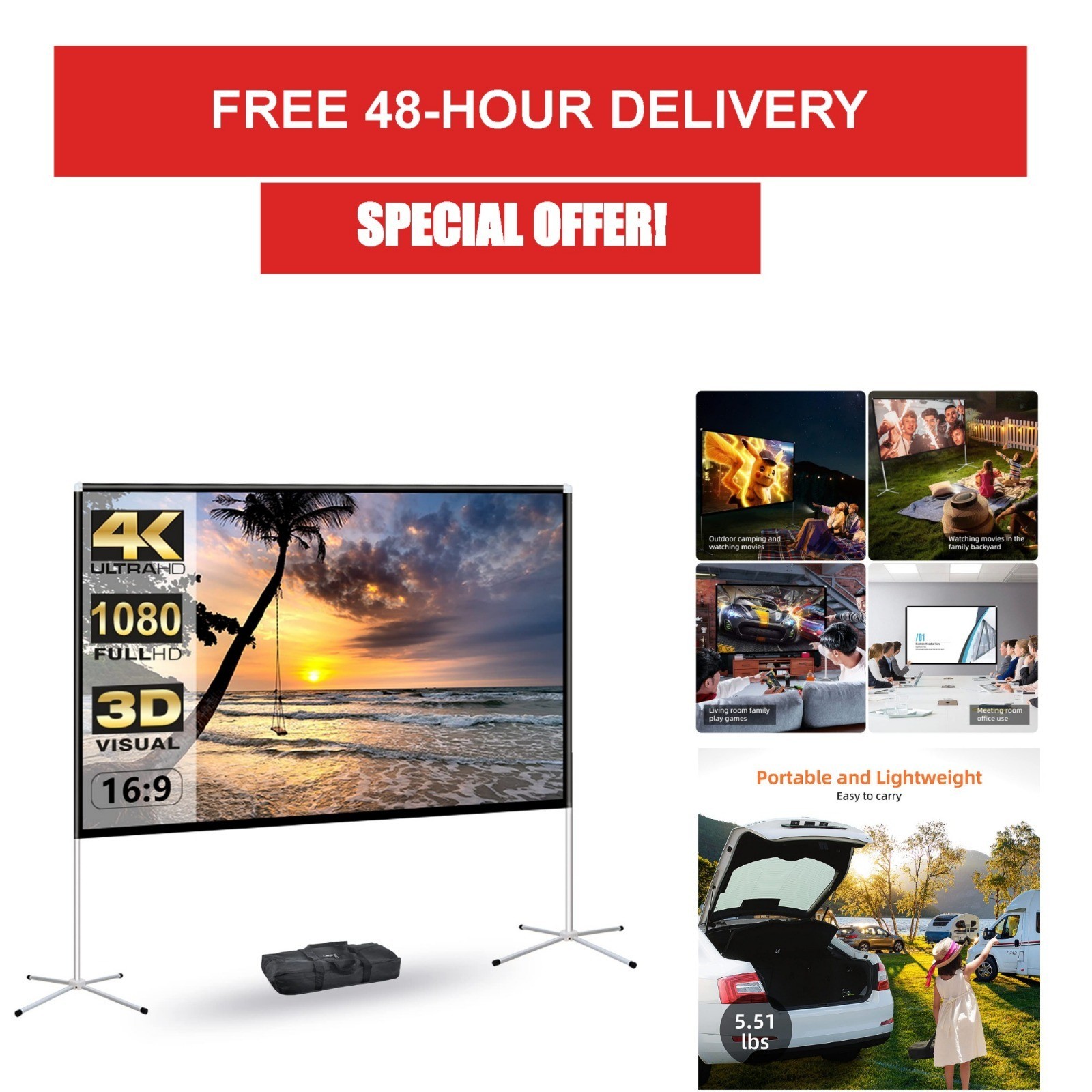 AODIOU 80 Inch Portable Projector Screen with Stand for Outdoor & Indoor