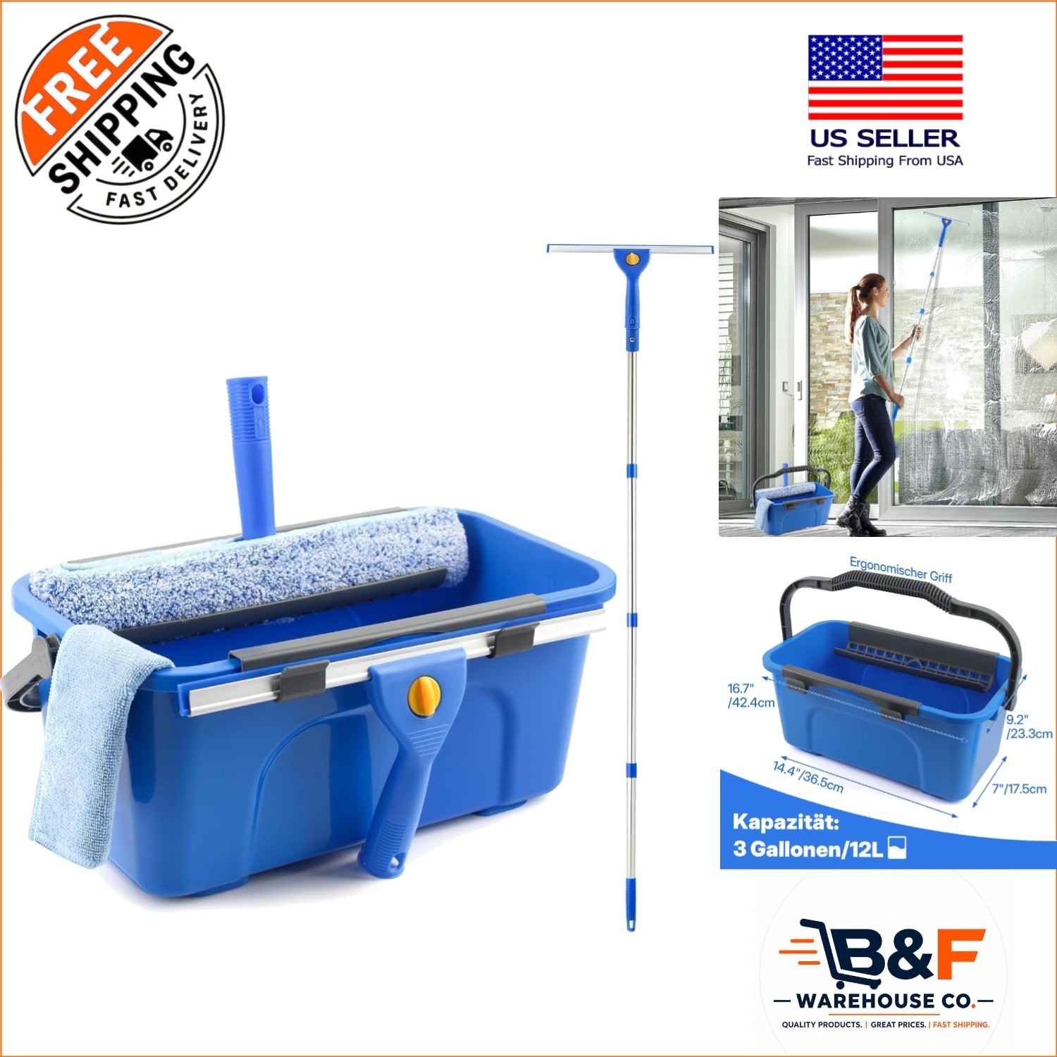 Complete 3 Gallon Window Cleaning Kit - 14" Squeegee, 15" Scrubber & Long Handle
