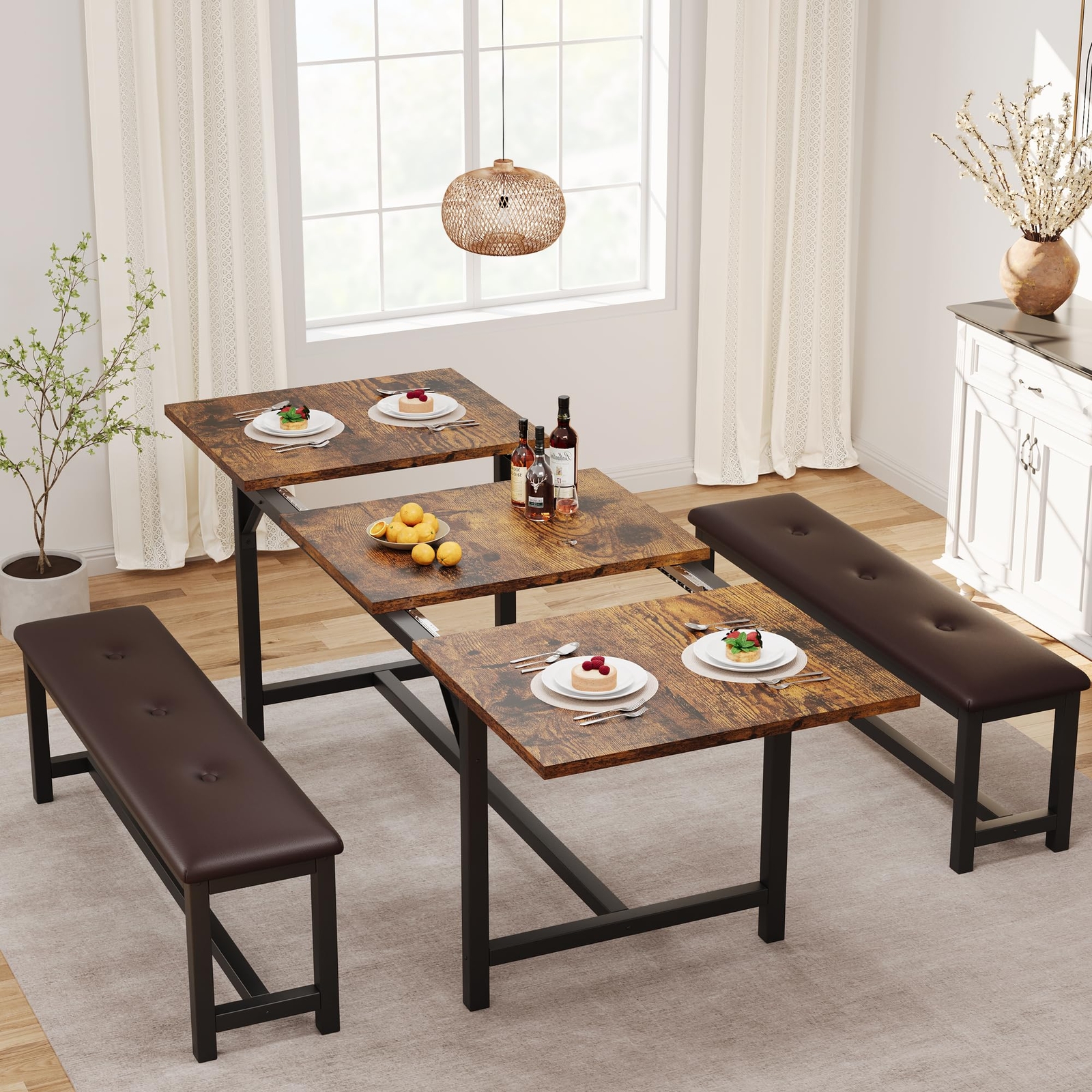 Large Dining Room Table Set ,63" Extendable Kitchen Table and 2 Benches Dinette