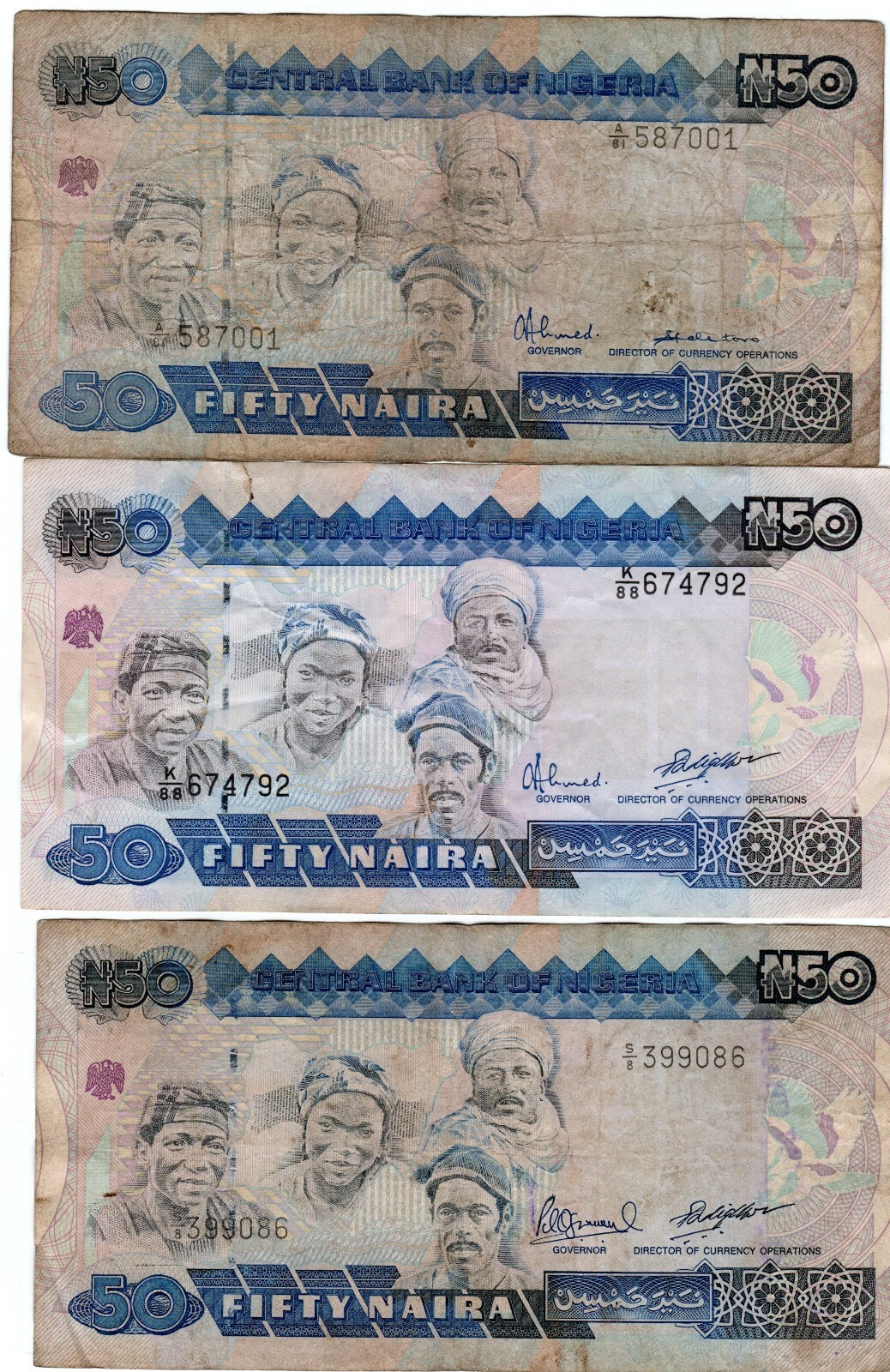 Banknote Nigeria P27 50 Naira, three different varieties