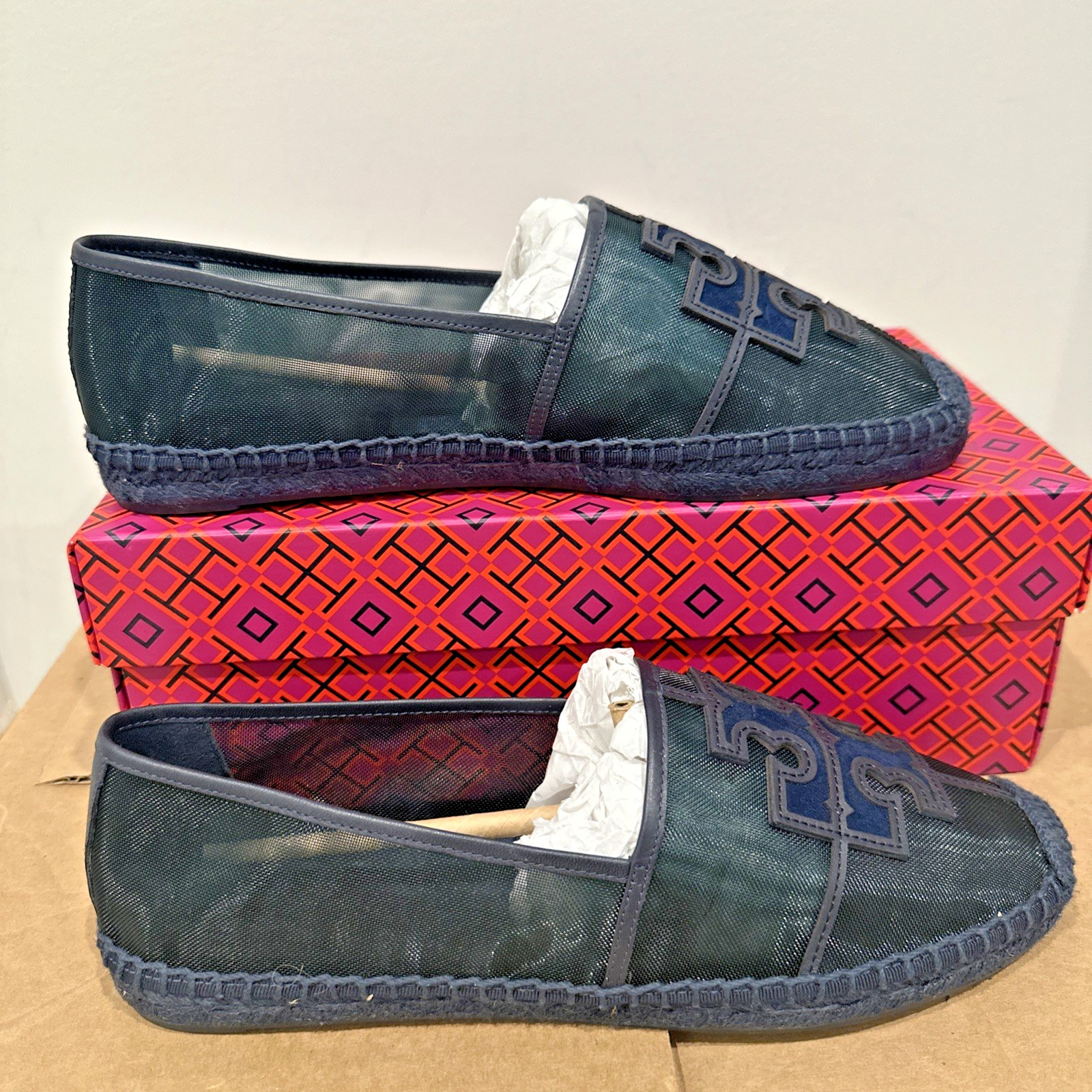 Tory Burch Women Size 9.5M Ines Mesh Espadrille Loafers Malachite Navy