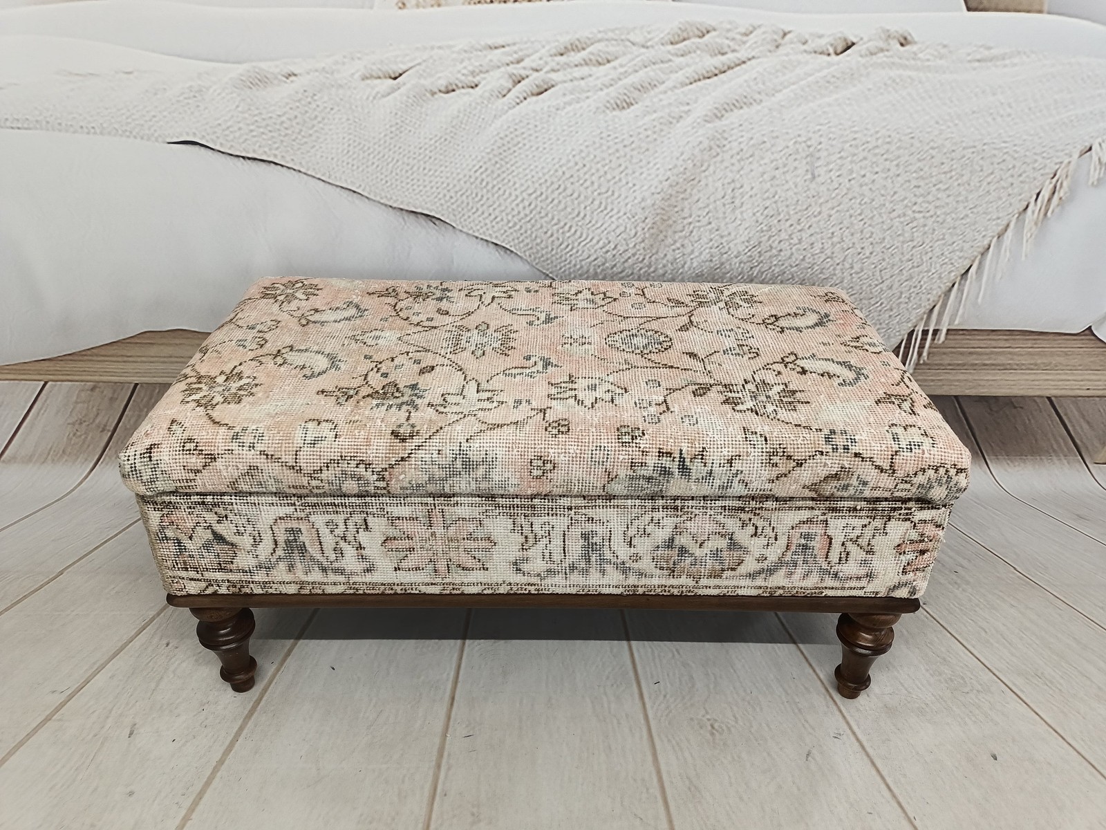 Handmade Ottoman Bench Vintage Oushak Rug Upholstered Beechwood Frame