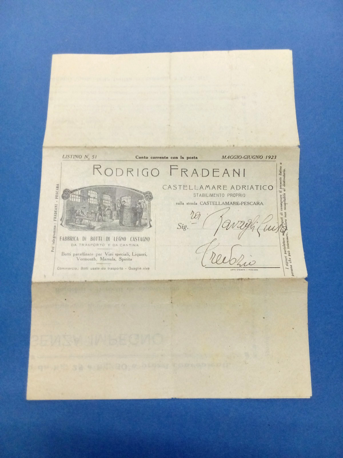 Price List RODRIGO FRADEANI Barrels of Wood - Castellamare Adriatico 1923