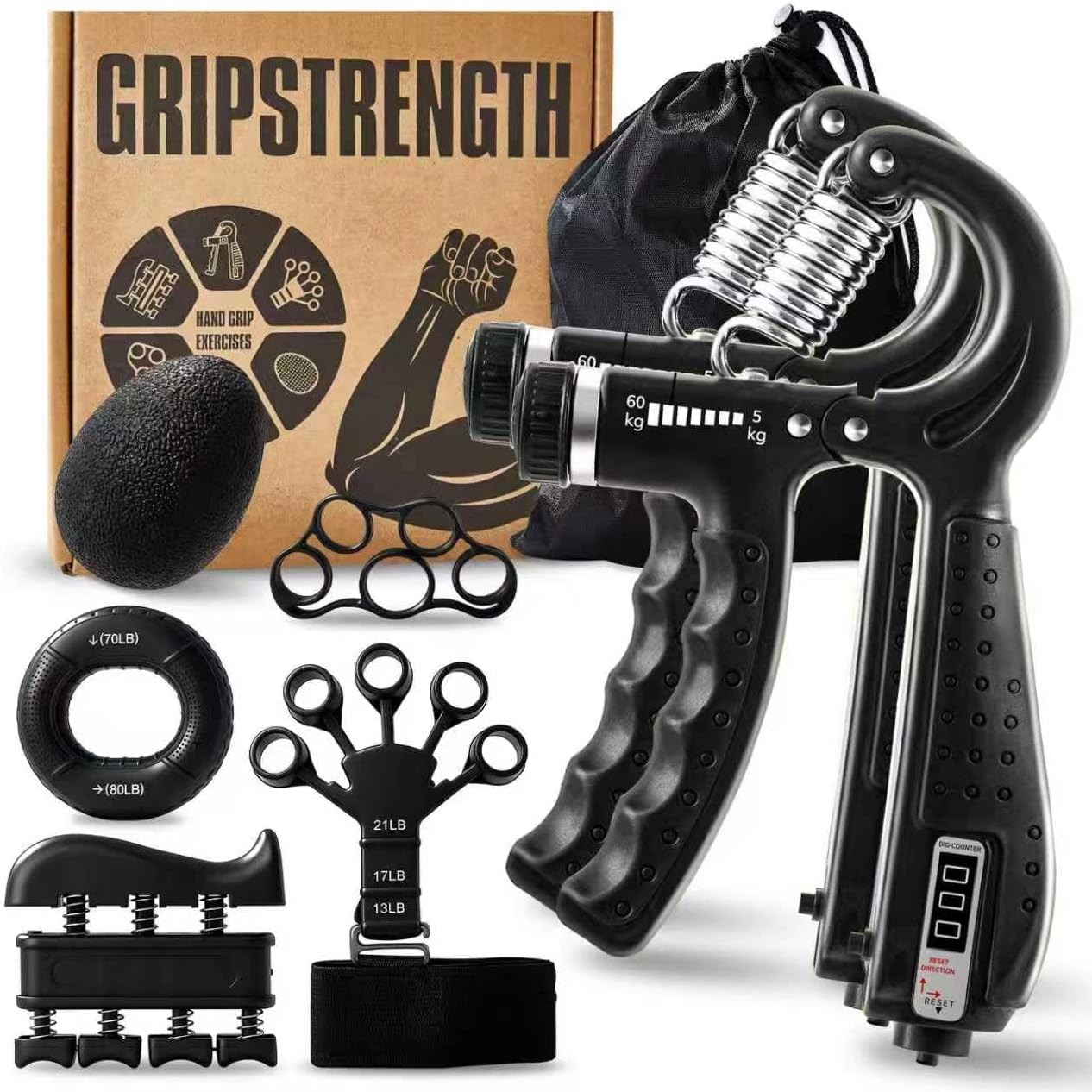 7PCS Grip Strength Trainer Kit, 2 Adjustable Forearm Resistance Grips, Finger