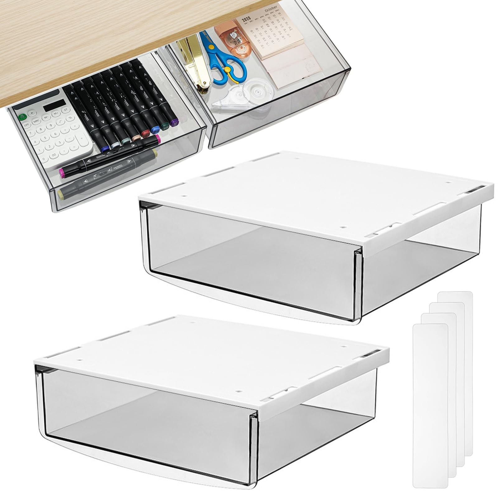 2 PCS SelfAdhesive Under Desk Drawer Hidden Slide Out Organizer Plastic Tray