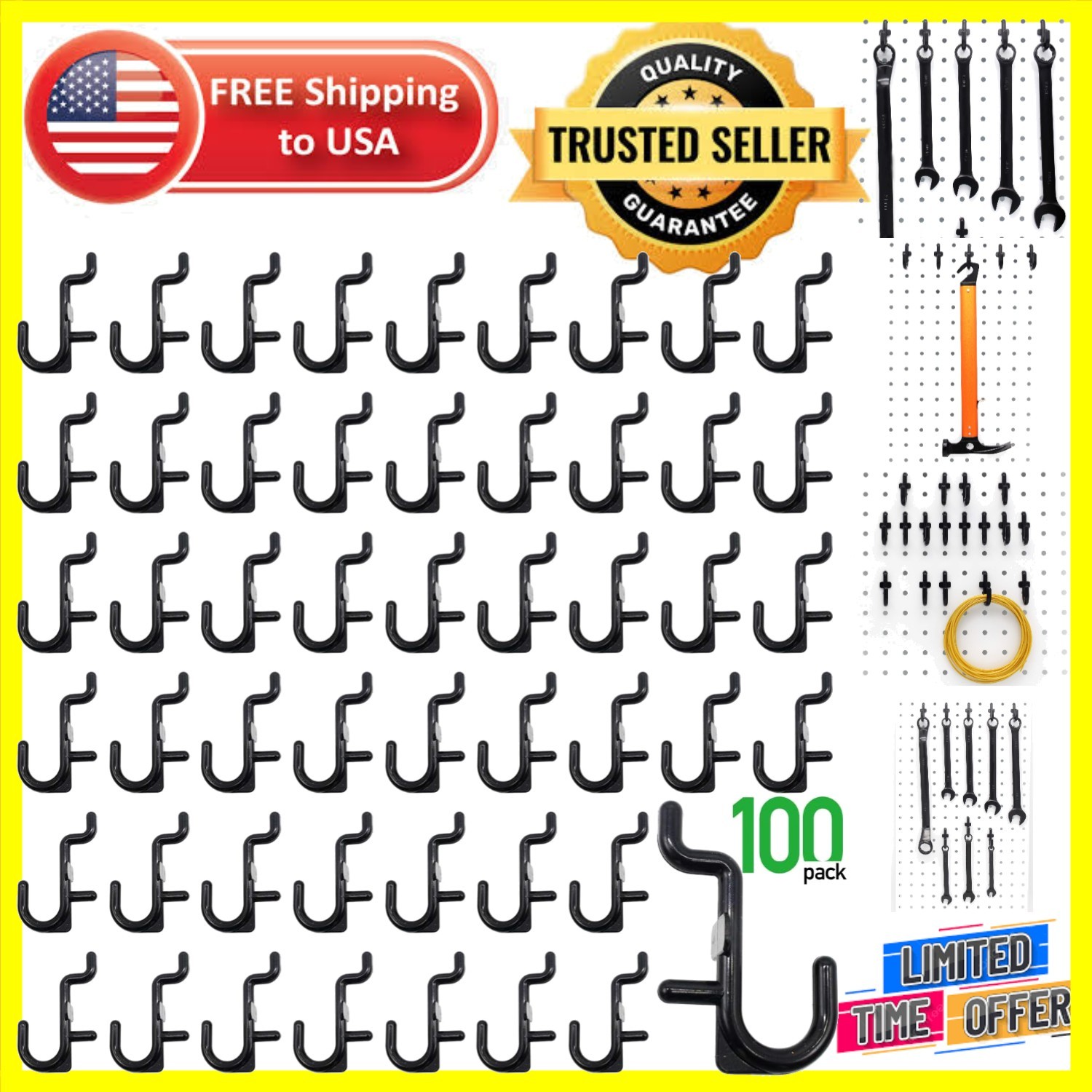 Classic 100PK Black Pegboard J Hooks - Easy Install & Maximum Support