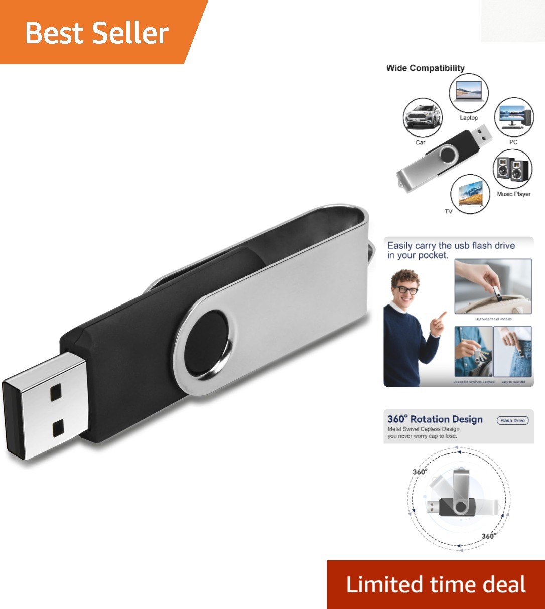 Swivel Keychain 16GB USB Flash Drive - Shockproof Portable Data Storage