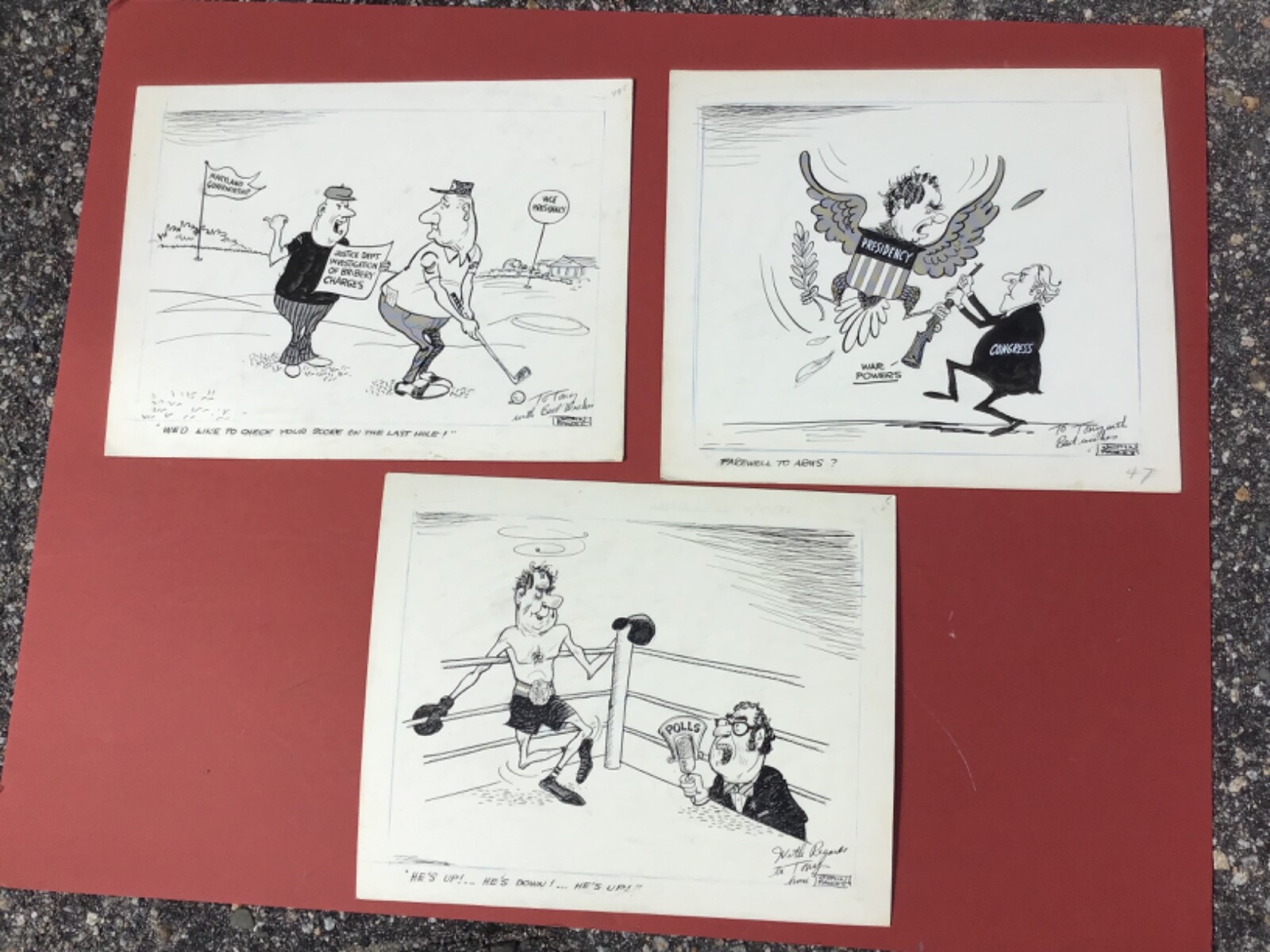 3 John Fawcett Political Pen & Inks Political Cartoons Nixon & Agnew