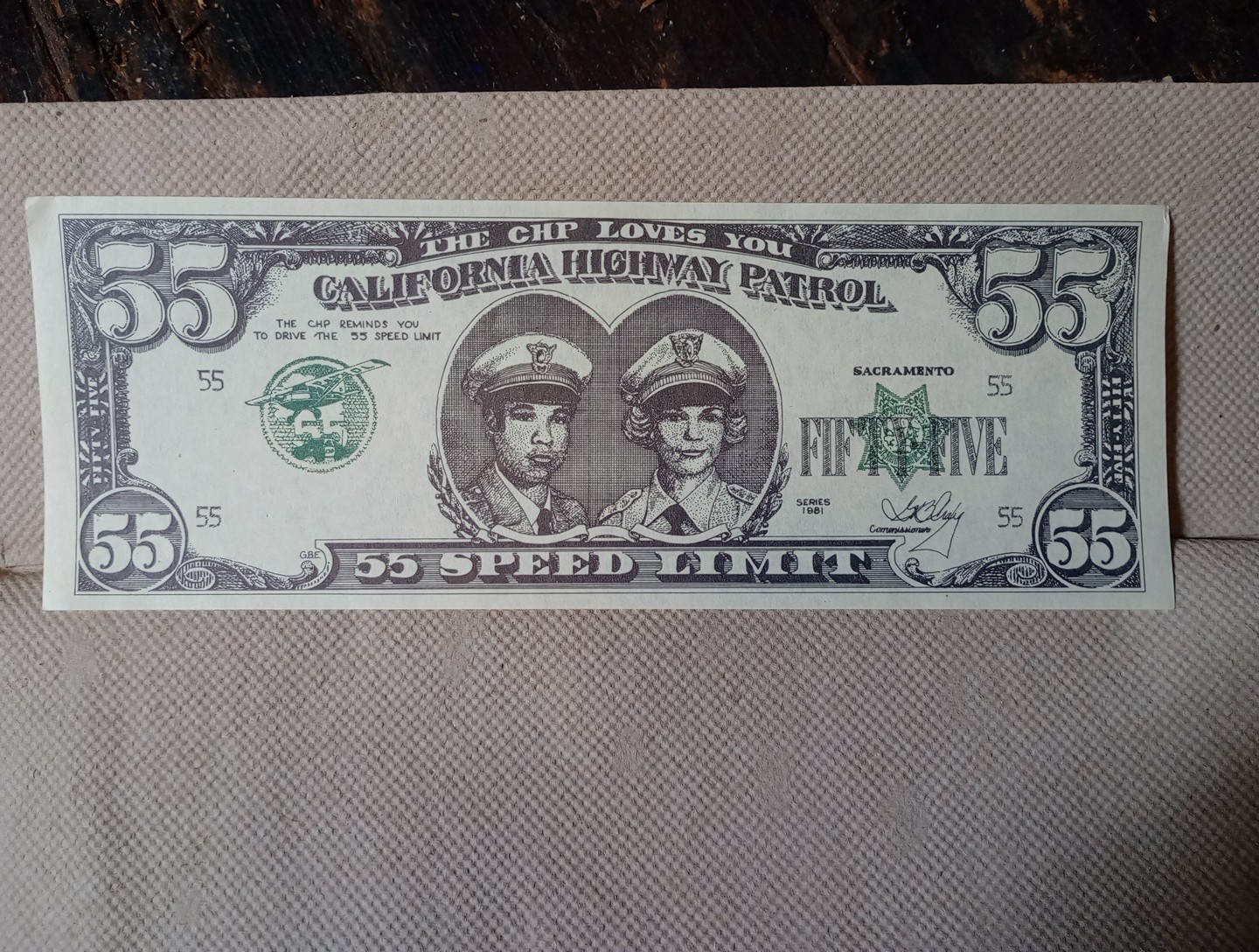 California Highway Patrol Memorabilia.  $55.00 Bill. Near Mint Condition.
