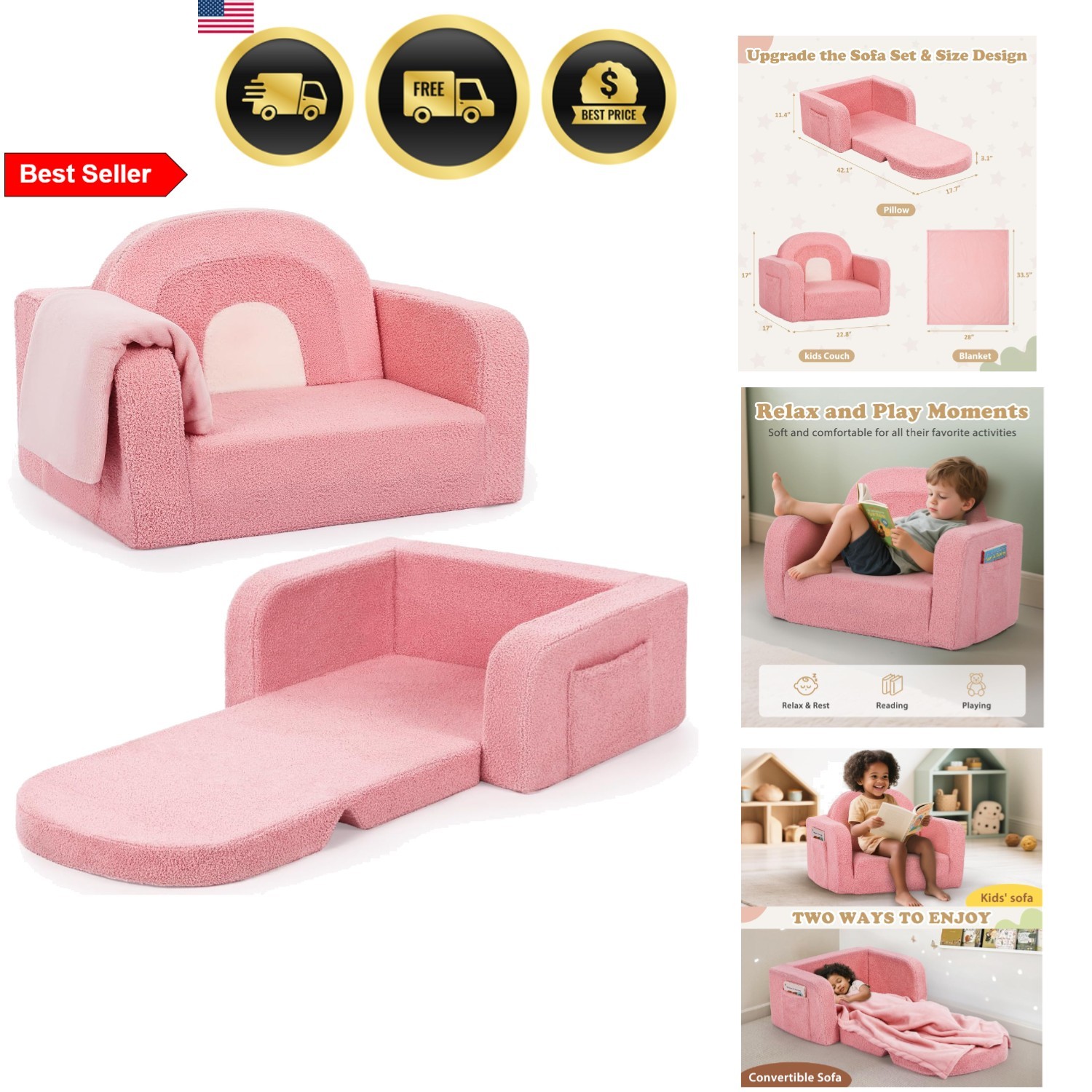 Kids Couch Toddler Sofa Fold Out with Blanket Pink Rainbow Portable Playroom