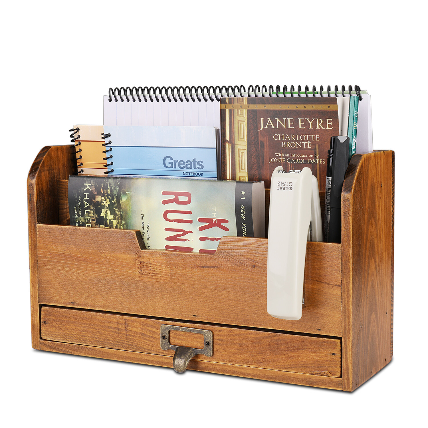 3 Tier Wooden Desk Organizer - Rustic Slot Sorter Shelf Holder with Drawer