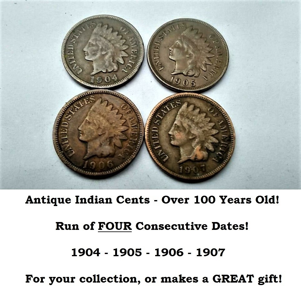 Lot run of 4 FOUR Indian Head Cents 1904 1905 1906 1907 US Coins Set 6