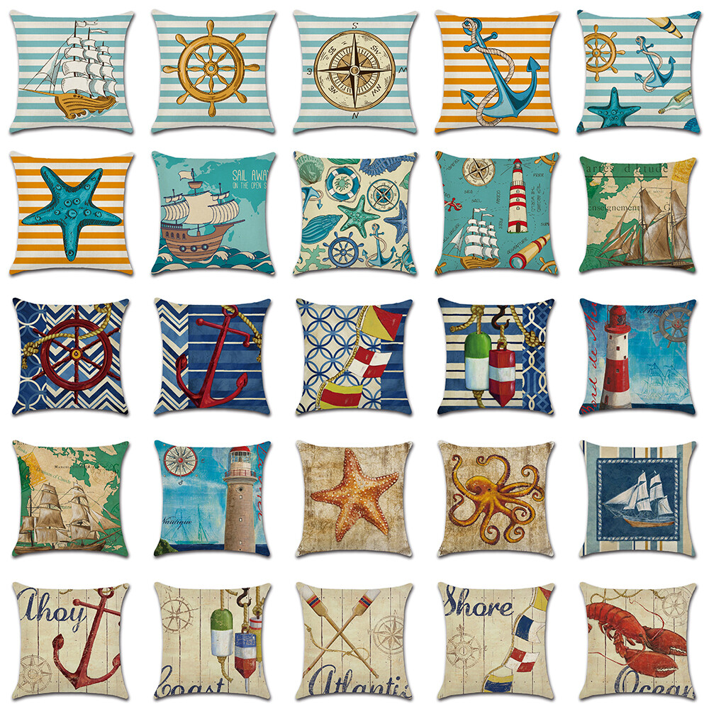 18" Nautical Cotton Linen Throw Pillow Case Ocean Sea Cushion Cover Home Decor
