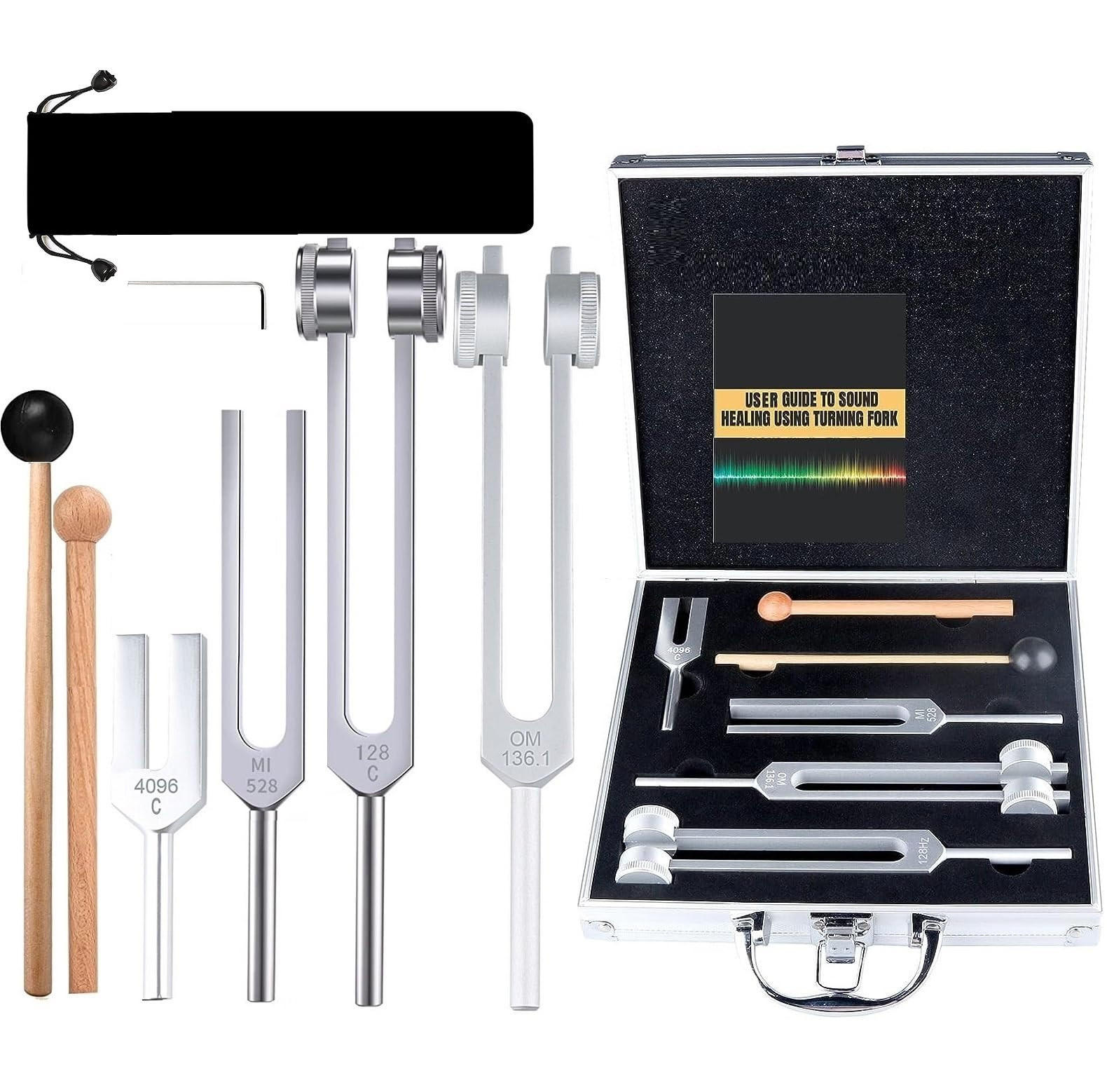 4Pcs Tuning Fork Medical Sound Healing Set(128Hz, OM 136.1Hz, MI 528Hz, 4096H...