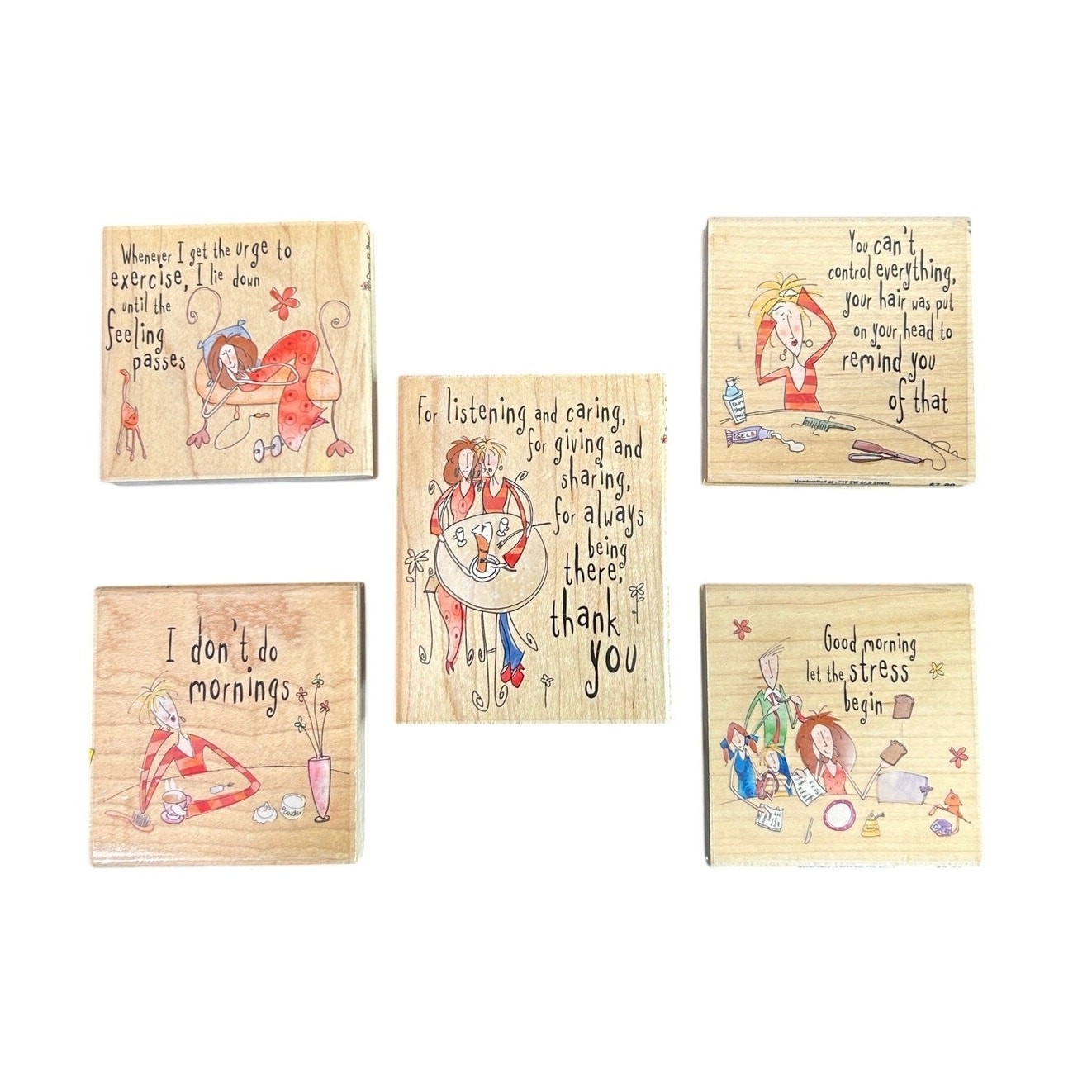 2007 Wood Mount Rubber Stamp Lot of 5- preowned Born to Shop Cartoon Humor