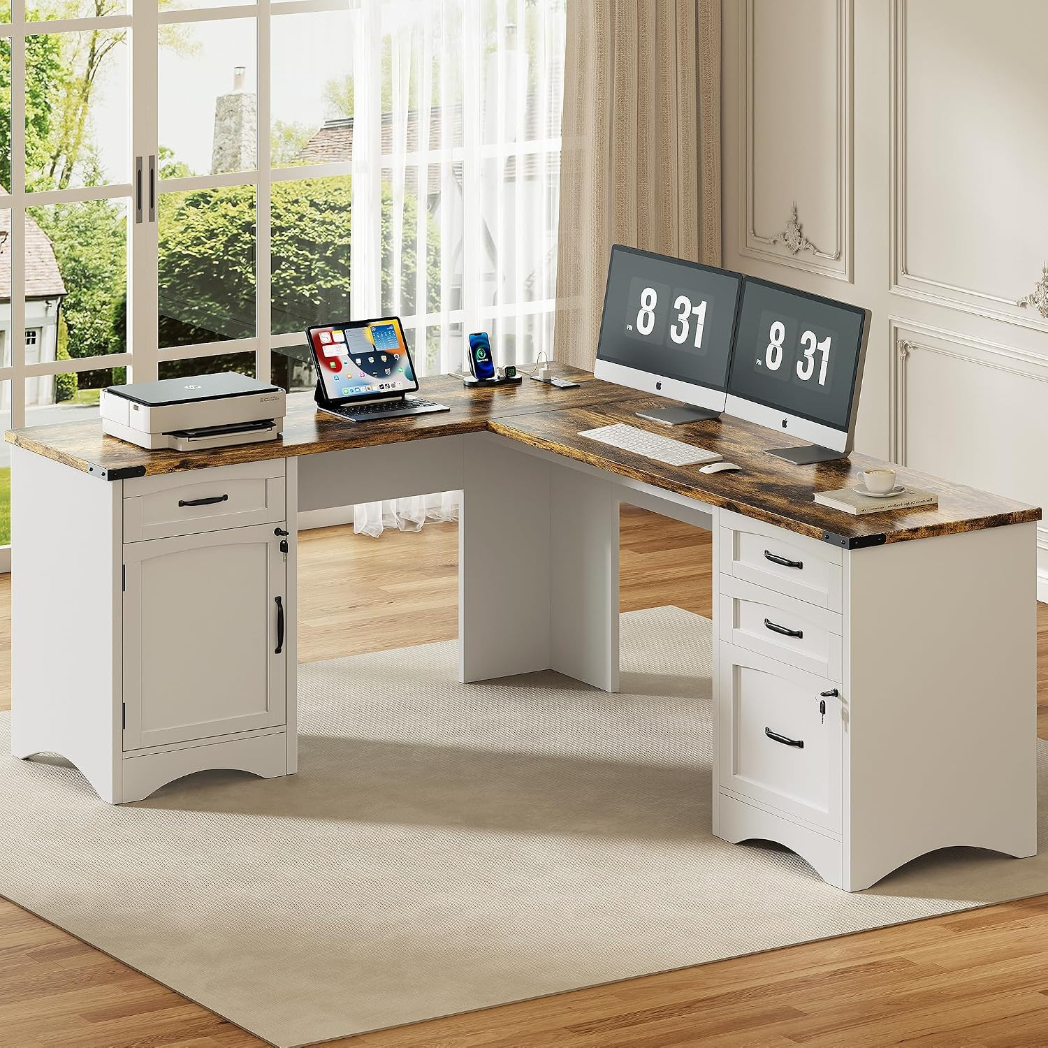 Farmhouse L Shaped Standing Desk with Storage Drawers, 67'' Corner Office Desk w