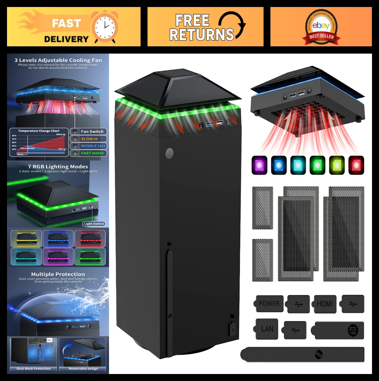 Cooling Fan for Xbox Series X - Dust Proof, Colorful Light Strip, Low Noise, 3 G