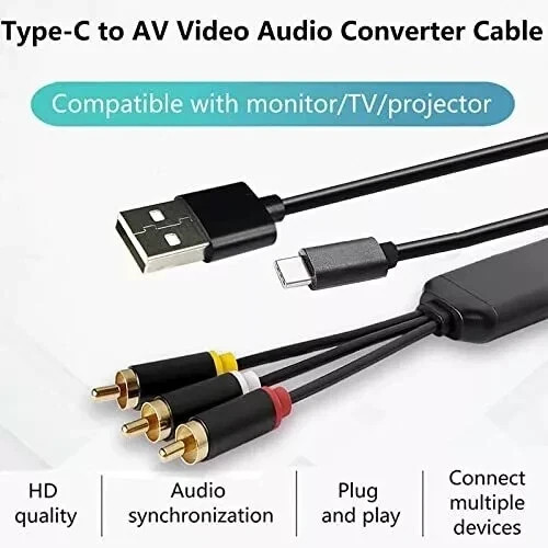 ECDREAM USB C to RCA Cable Adapter, 6Ft Type-C to RCA Cable with USB A(Chargi...