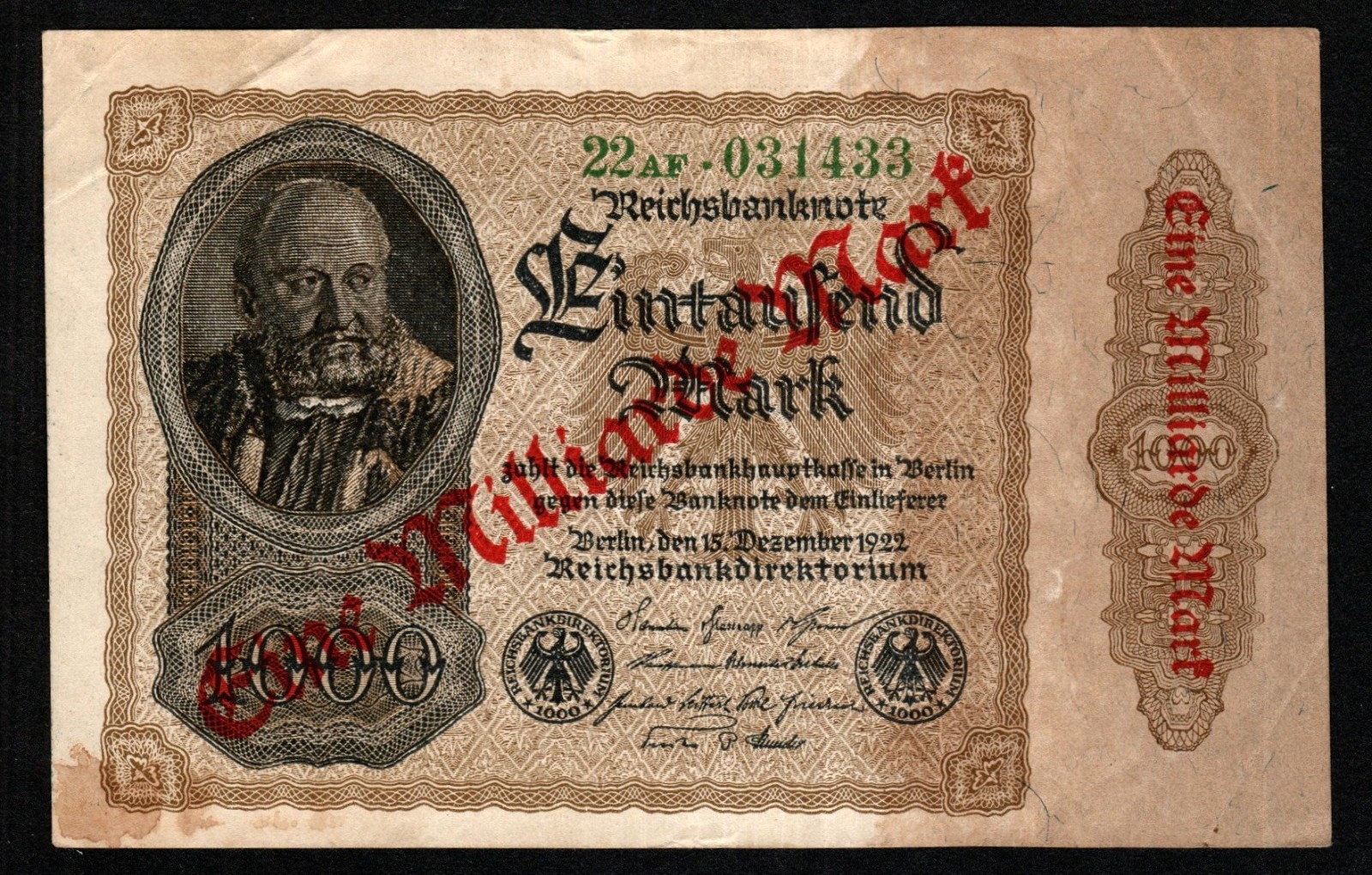 GERMANY 1000 MILLARDEN BILLION MARK BANKNOTE 1922 WWI MILITARY INFLATION - VF