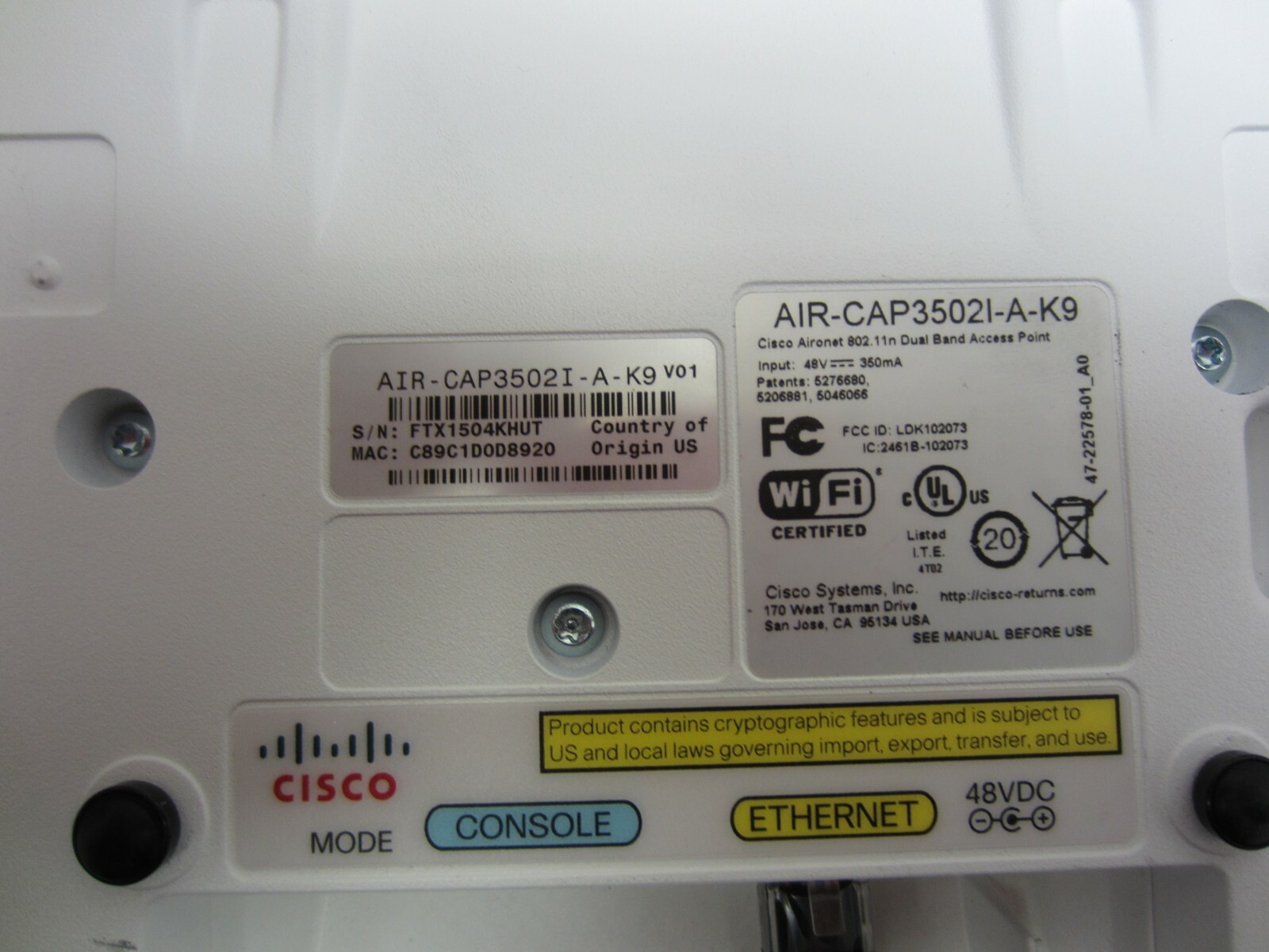 Cisco Aironet AIR-CAP3502I-A-K9 V01 Dual Band INT ANT Wireless Access Point POE