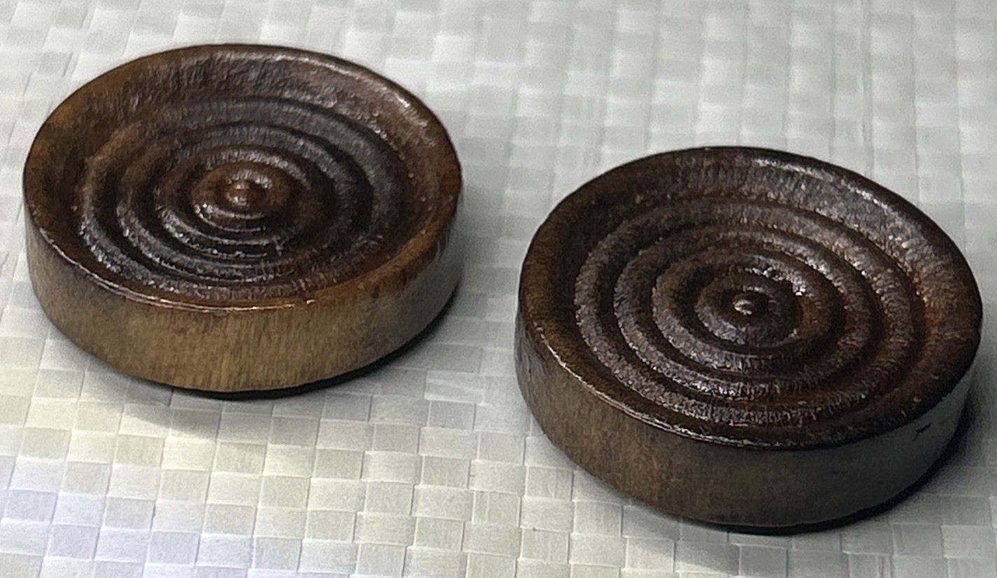 Two (2) Wooden Checkers Pieces Dark Wood Replacement Discs 38mm Width 8mm Depth