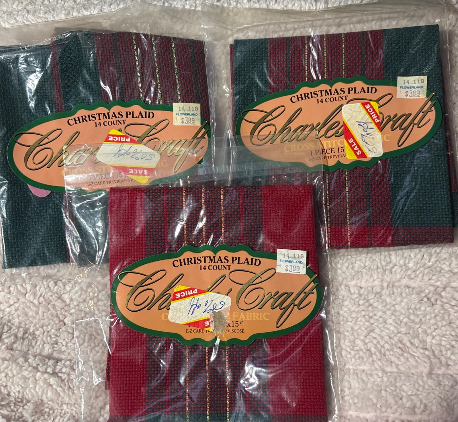 Charles Craft  15" x 15" 14 Count Christmas Plaid Cross Stitch Fabric Lot of 3
