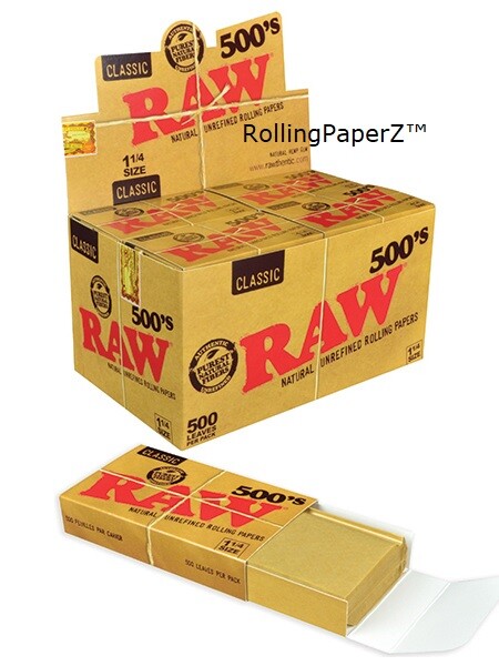 NEW SEALED BOX - 20 Packs - RAW 500's 1 1/4 Size Rolling Papers/10,000 sheets
