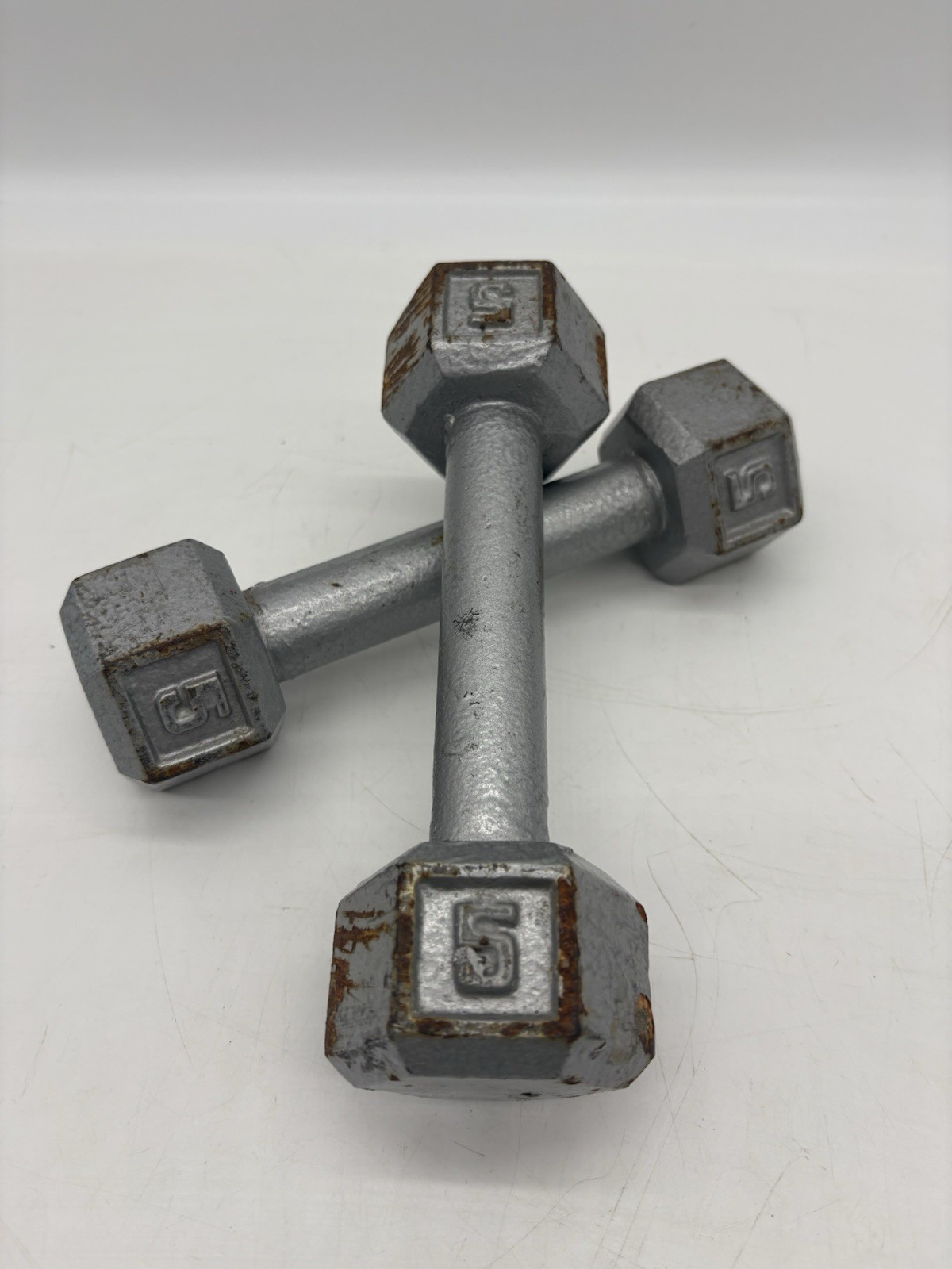 Vintage Pair of 2 Cast Iron 5LB Hex Dumbbells Total 10 Pounds Gym Weights