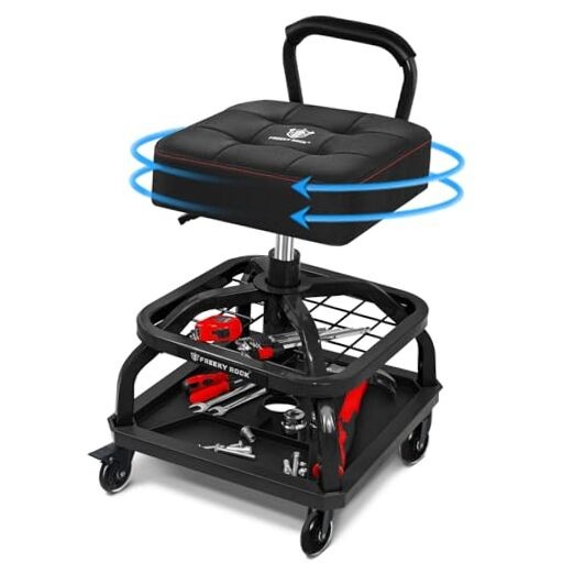 Rolling Shop Stool with Wheels, Garage Mechanic Shop D10-Black 21.26-27.95 inch
