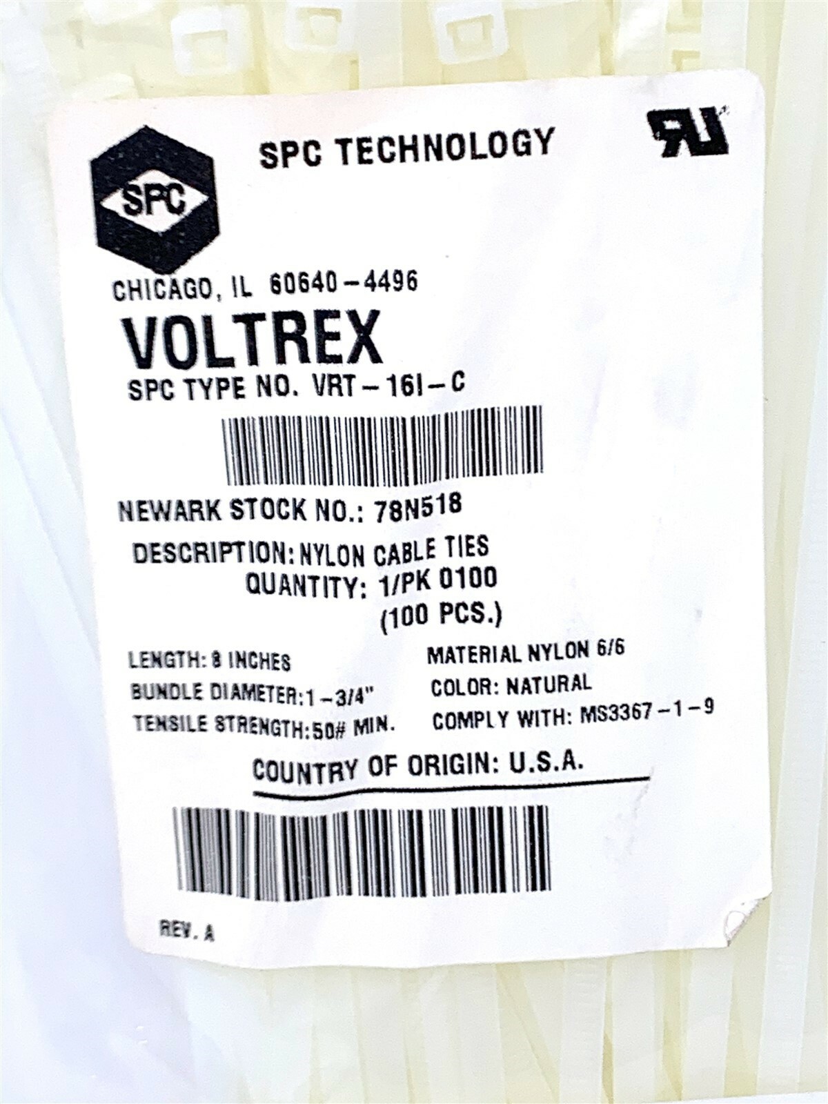 SCP TECHNOLOGY VOLTREX VRT-161-C NYLON CABLE TIES 100/PACK 1 PACK NOS