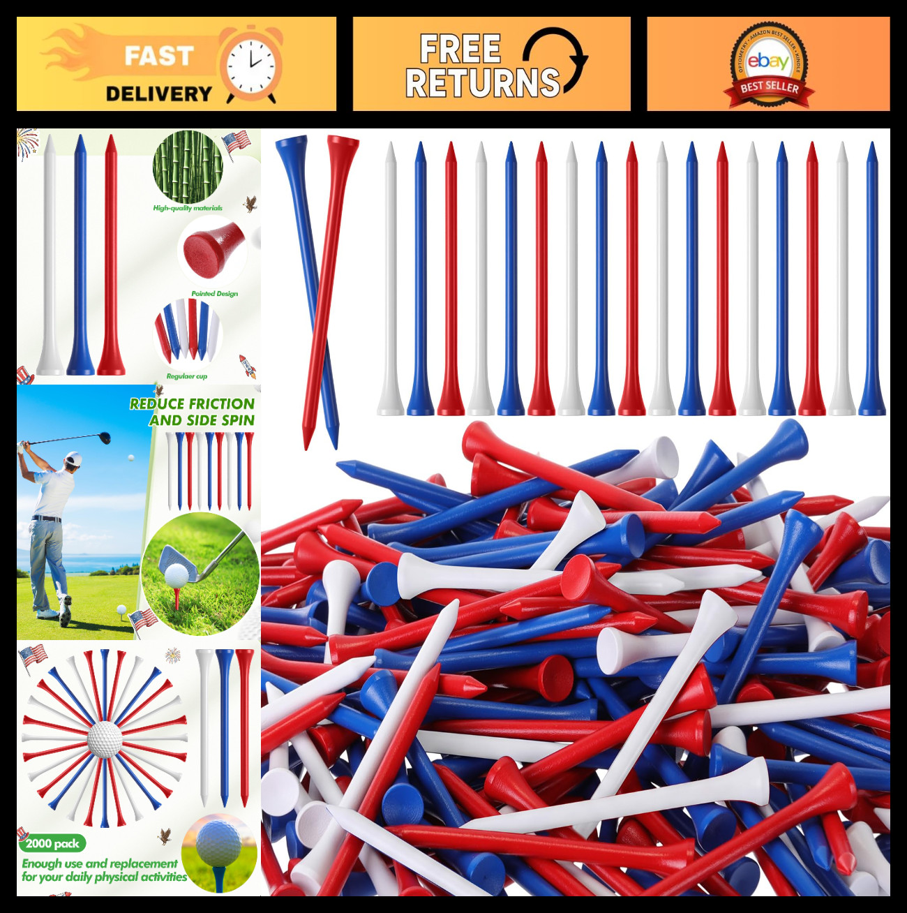 2000 Pcs Bamboo Golf Tees - Professional Bulk Set, Reduce Friction & Side Spin,
