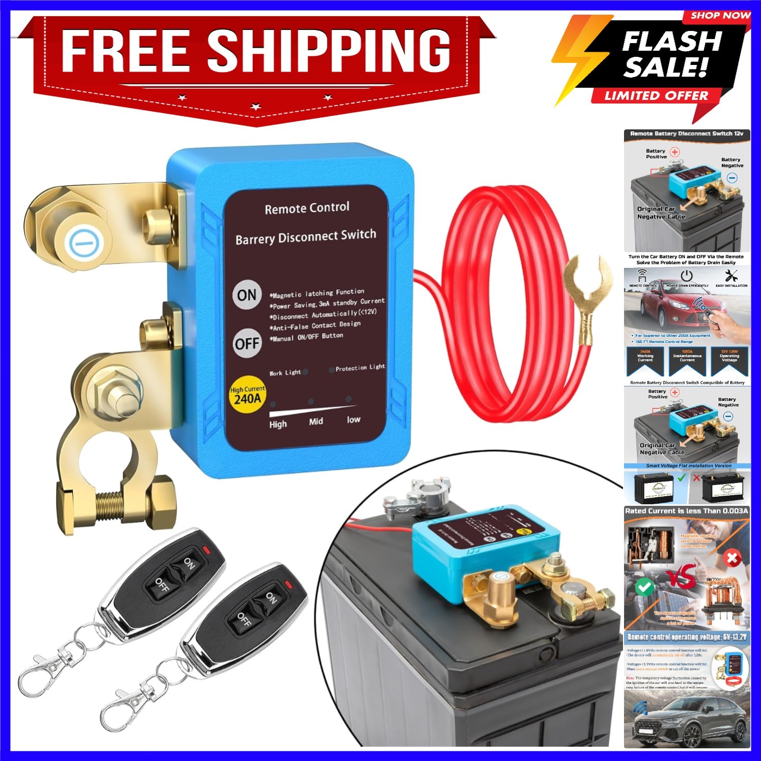 Remote Battery Disconnect Switch 12v, 240A, Upgrade Smart Voltage Car Kill Sw...